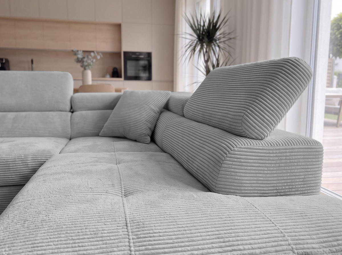 ECKSOFA L Form Konak Hellgrau 276/201/90 cm Rechts mit Schlaffunktion - Silberfarben/Hellgrau, Textil/Metall (276/203cm) - AX Living
