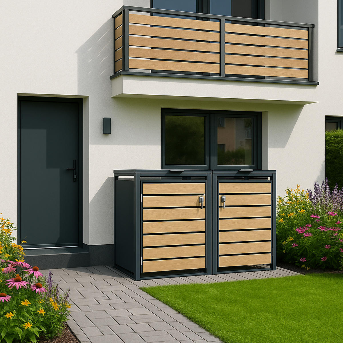MÜLLTONNENVERKLEIDUNG Liverpool - Mülltonnenbox für 2 - in Holzoptik - , Stahl pulverbeschichtet verzinkt, anthrazit - Grau, Metall (132/116/80cm) - TPFGarden