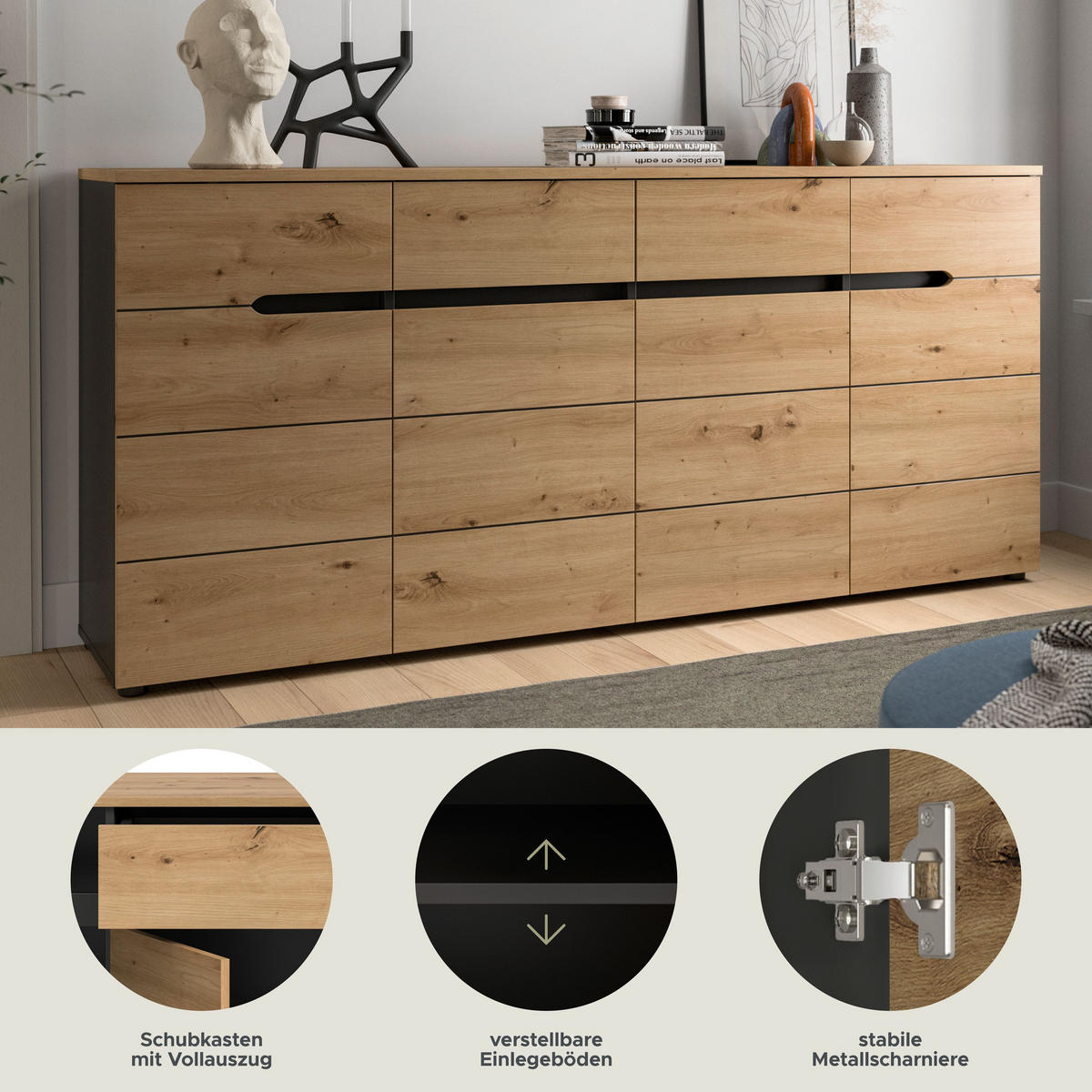 KOMMODE CANU (B/H/T: ca. 173/81/41 cm) in Basalt grau/Artisan Nachbildung - Grau, Holzwerkstoff (173/81/41cm)