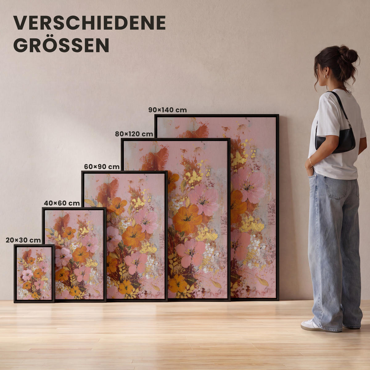 LEINWAND Bilder mit Rahmen - Malerei - Blumen - Rustikal - Rosa - 90x140 - Altrosa, Textil (90/140cm) - MuchoWow