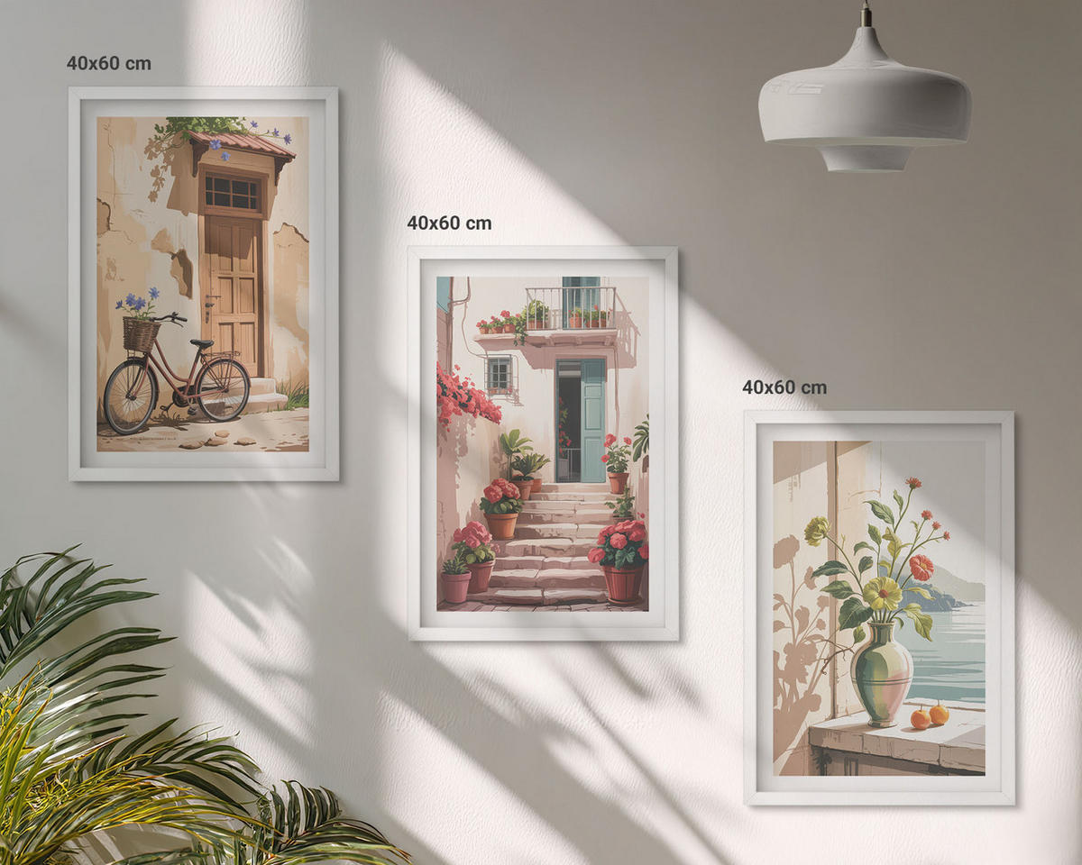 WANDBILDER 3er-Set - 40x60 cm Weißer Rahmen - Straßen, Blumen und Fahrräder - Weiß, Kunststoff (40/60cm) - ArtPrintCave