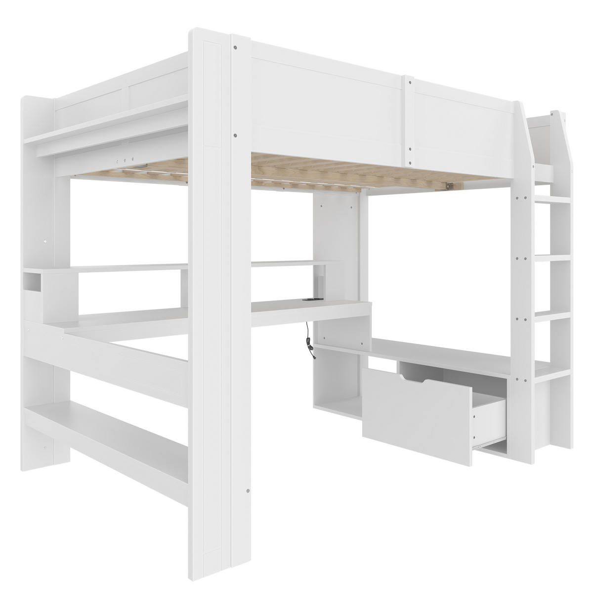 HOCHBETT 140x200cm Weiß Gaming Schreibtisch LED-Licht Schublade Regale - Weiß, Holz (140/200cm) - FLIEKS