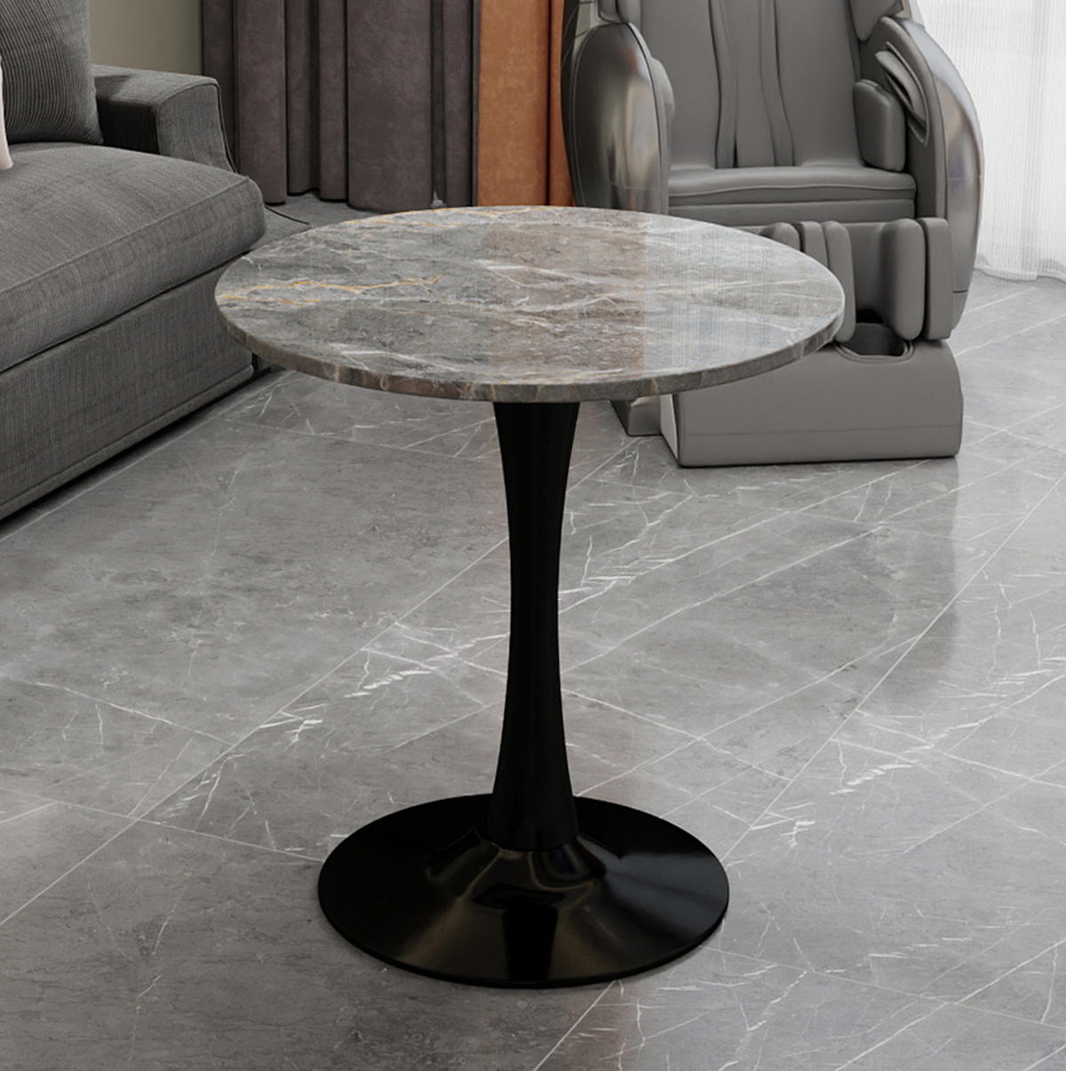 COUCHTISCH 70,1 cm in Schwarz/Grau mit runder Tischplatte in Marmoroptik - Grau, Stein (70/70/72cm) - BEAOK
