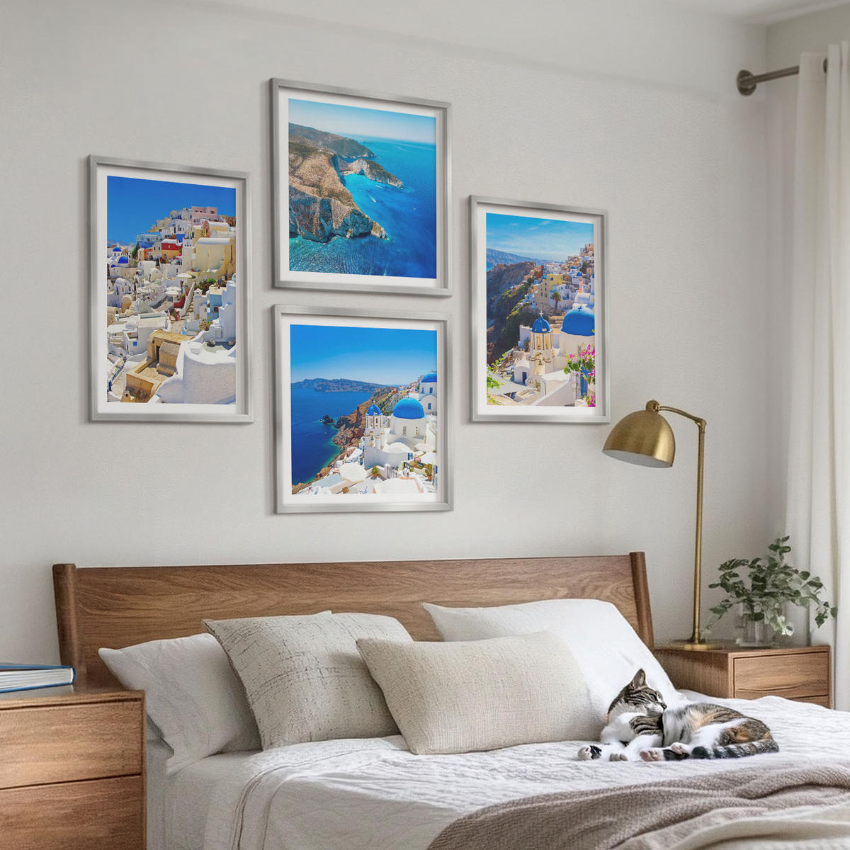 WANDBILDER 4er Set - 50x50 cm & 40x60 cm Silberner Rahmen - Architekturlandschaft Oia Santorin Griechenland - Silberfarben, Kunststoff (50/50cm) - ArtPrintCave