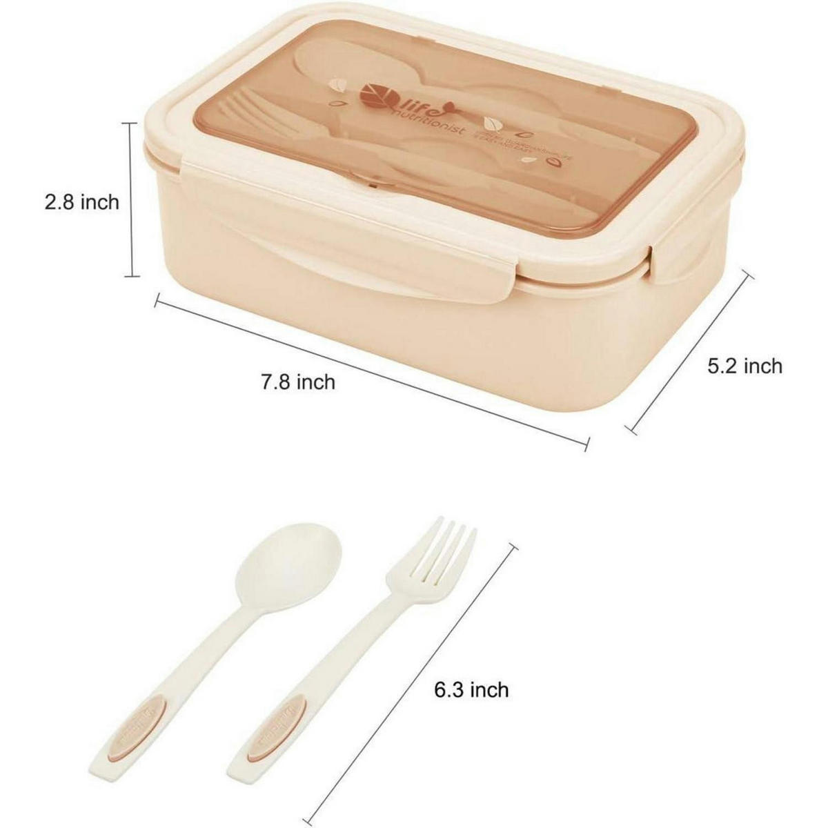 BENTO Box mit 3 Fächern und Besteck, auslaufsicher, mikrowellengeeignet, spülmaschinenfest, Braun - Creme, Kunststoff (14/6.5/21cm)