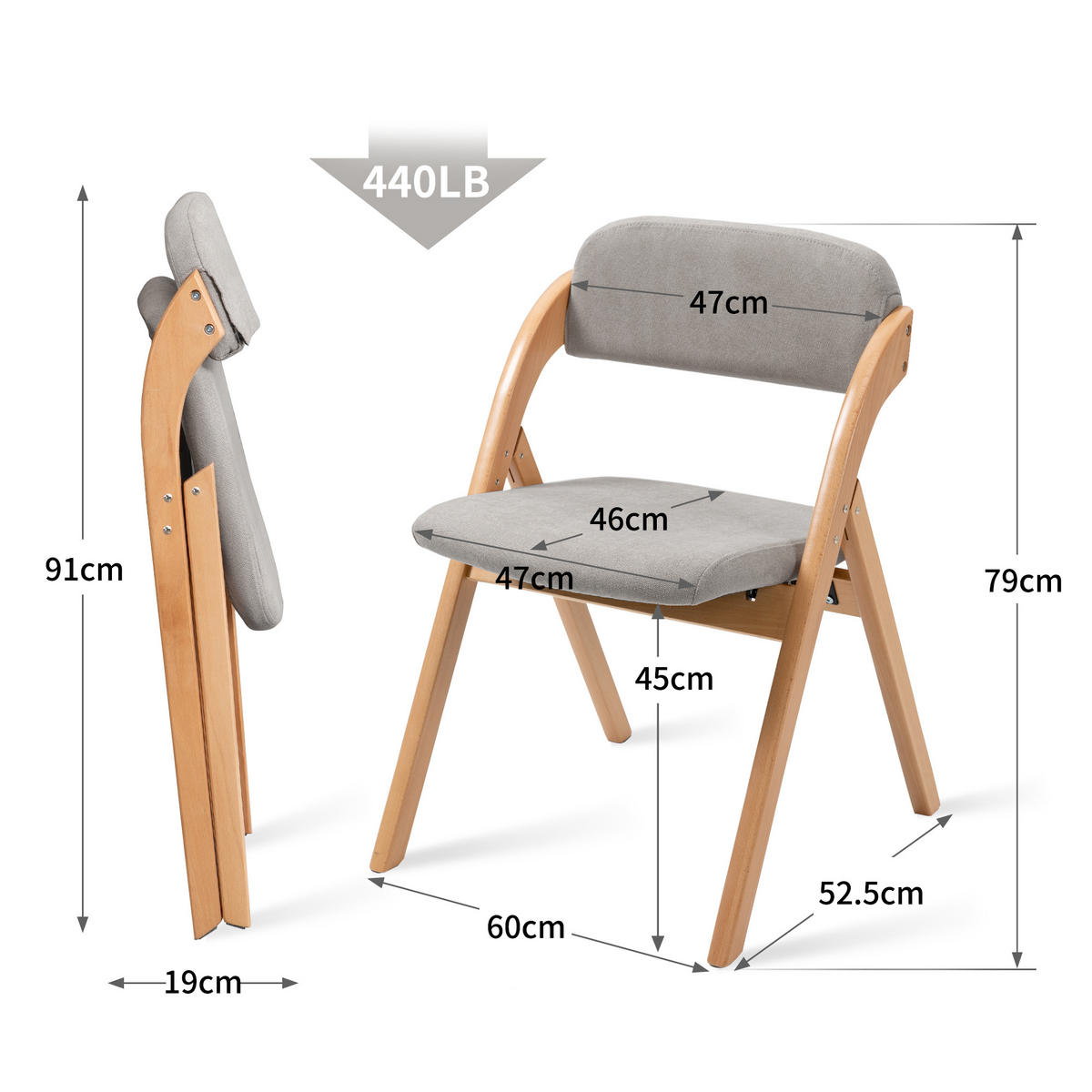 KLAPPSTUHL DE-36260 2er-Set mit gepolstertem Sitz Grau - Grau, Holz (54/60/79cm) - ComfortXL