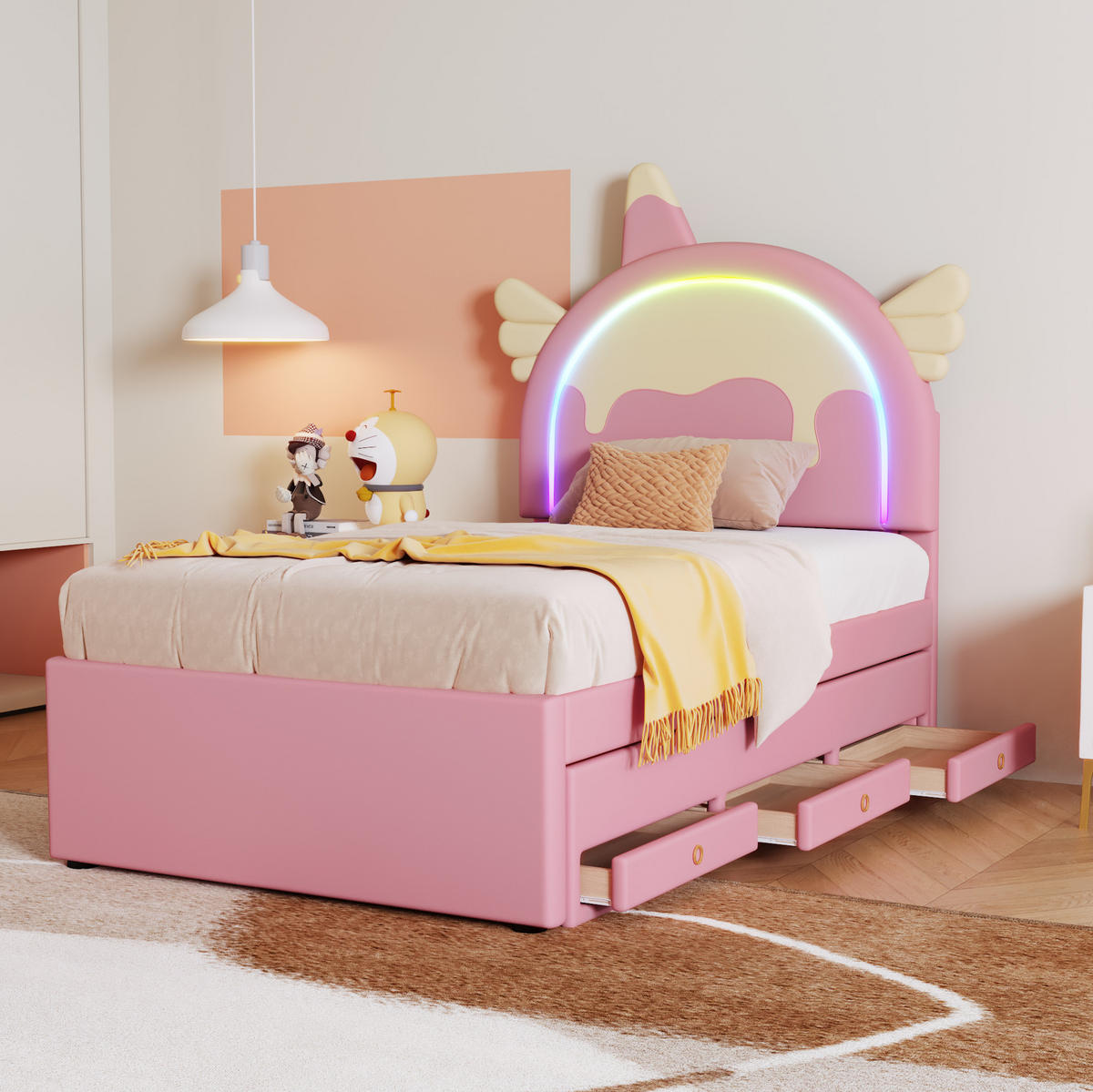 KINDERBETT aus PU 90x200 cm Rosa mit ausziehbarem Rollbett und Schubladen, Einhorn-Design - Rosa, Kunststoff (90/200cm) - Modfu