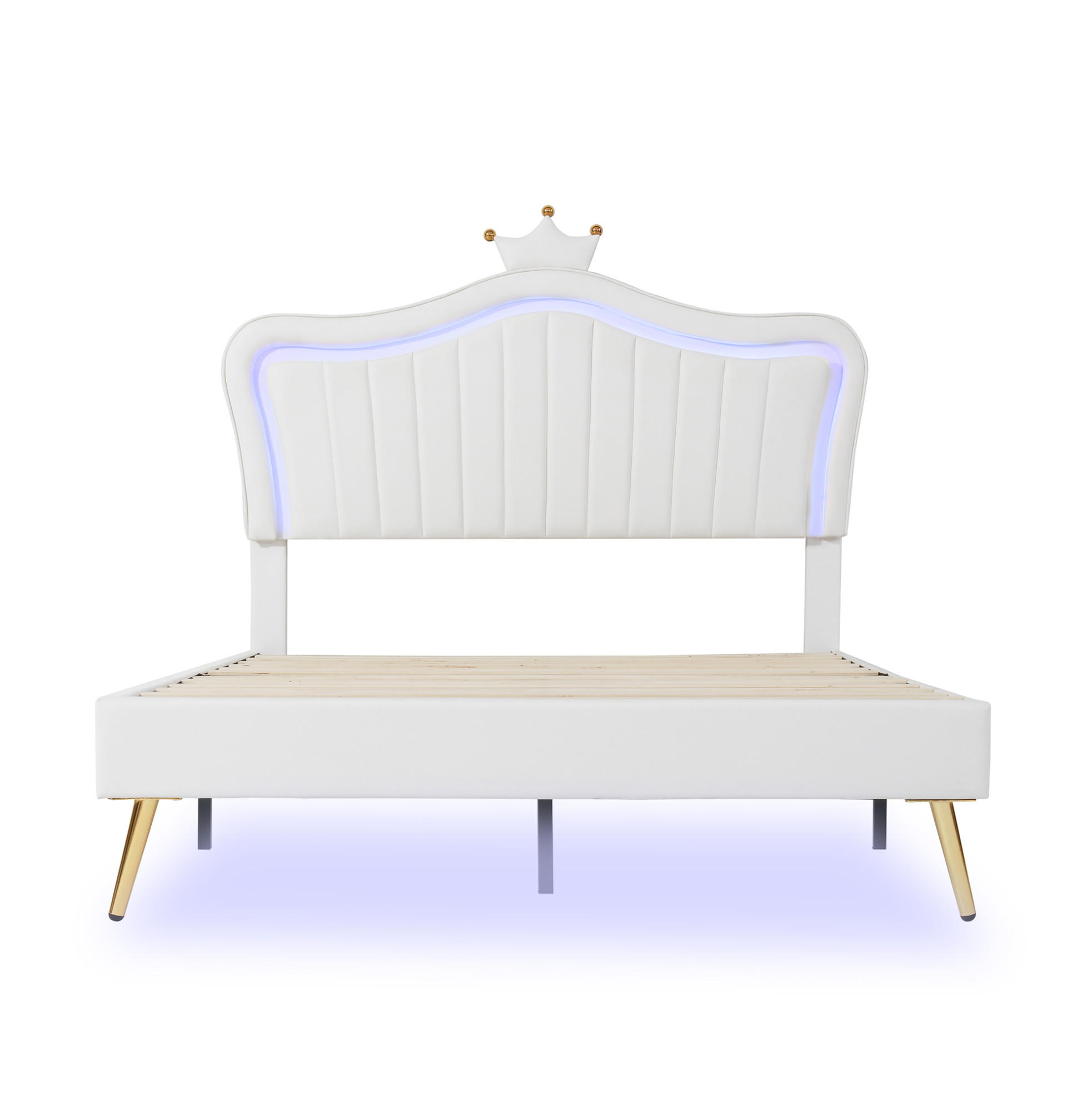 POLSTERBETT 140/200 cm weiß mit LED-Beleuchtung und Kronen-Kopfteil - Weiß, Textil (140/200cm) - OKWISH