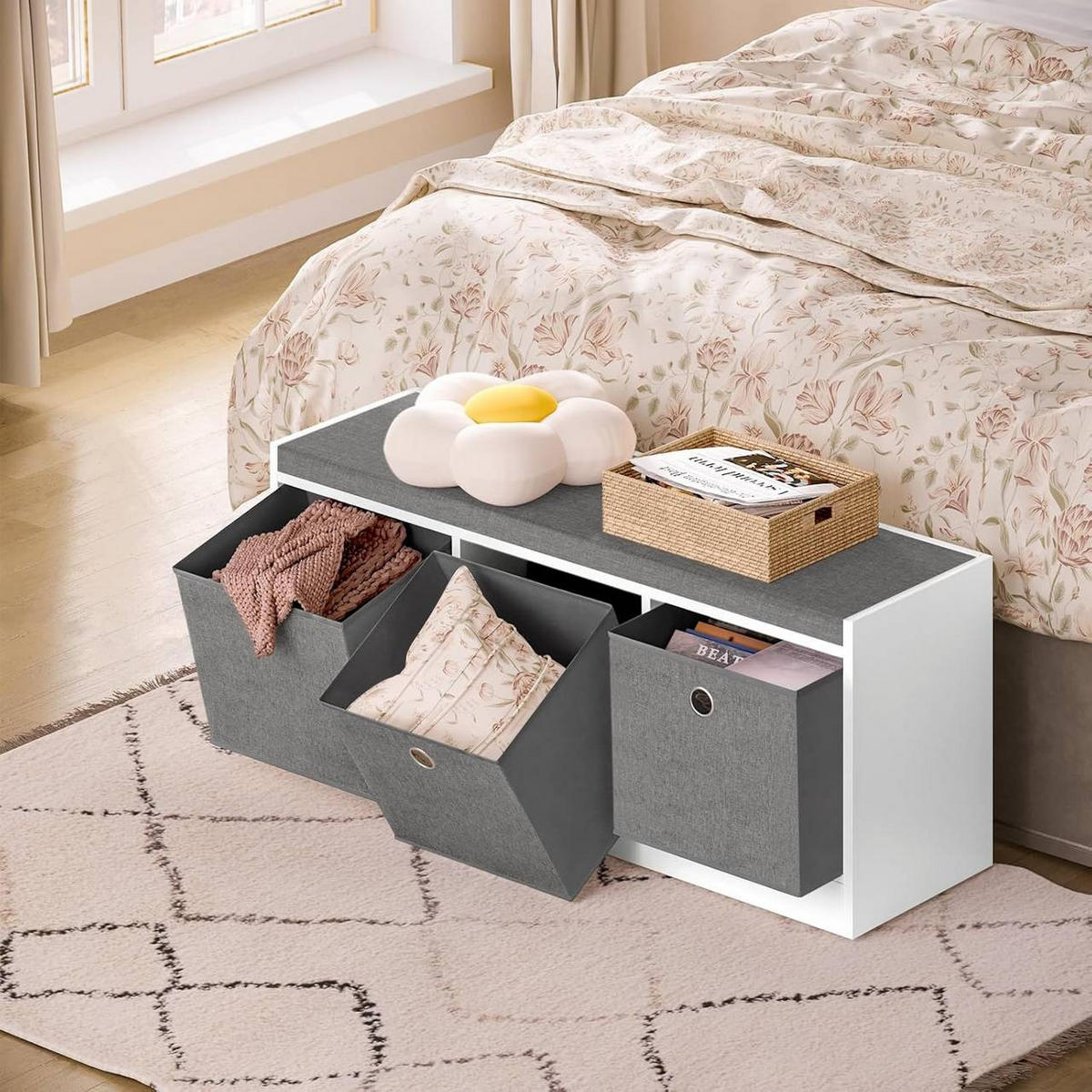 SITZBANK mit 3 Stoffschubladen, Weiß Grau - Weiß/Grau, Holzwerkstoff/Kunststoff (102/45.5/32cm) - Woltu