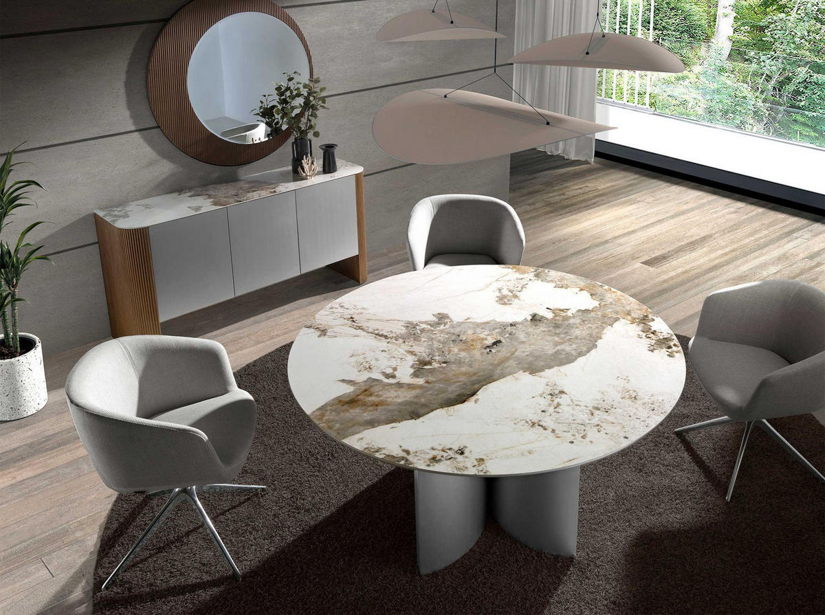 ESSTISCH rund Weiß | Walnuss | Silber 150/150/75 cm - Silberfarben/Walnussfarben, Stein (150/150/75cm) - ANGEL CERDA
