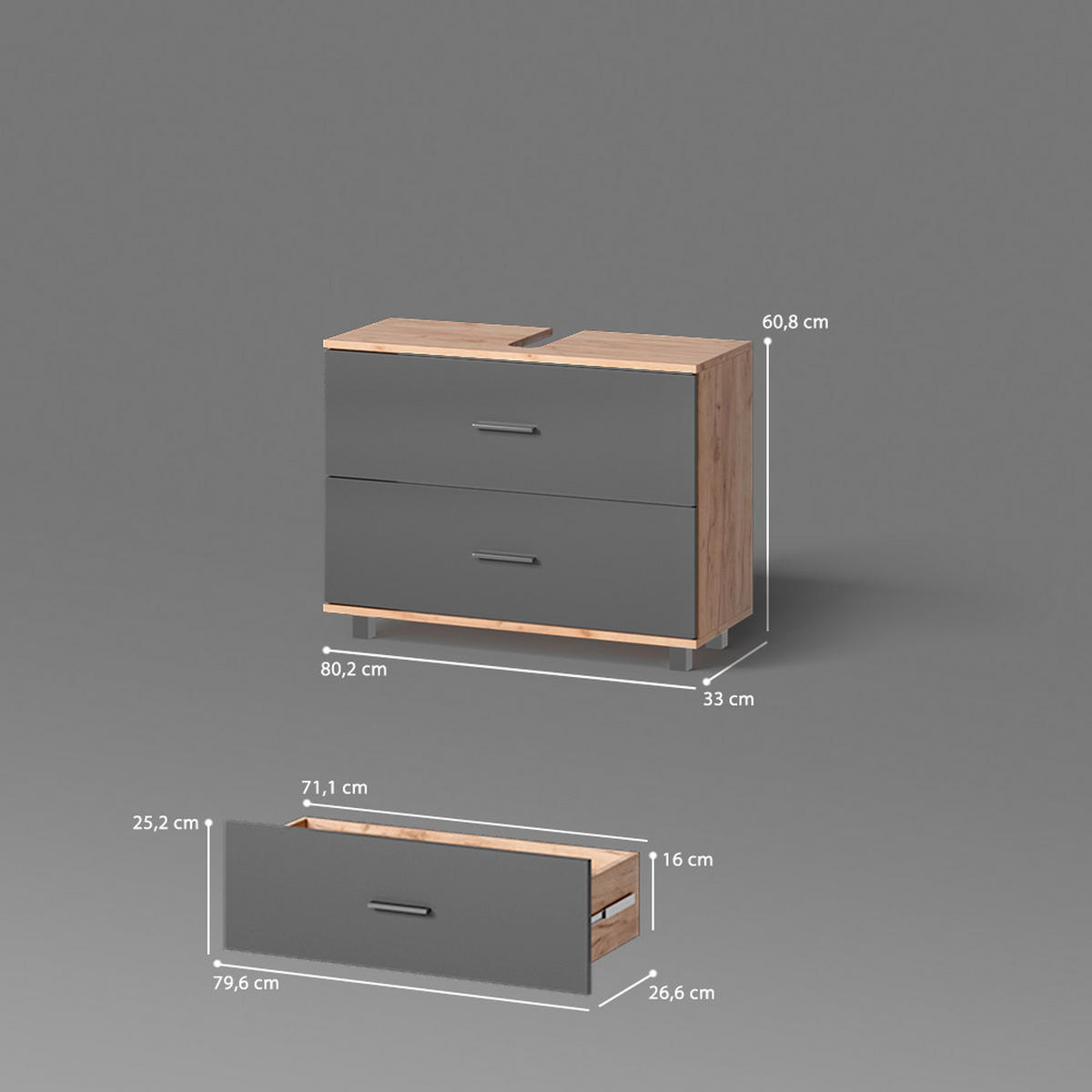 WASCHBECKENUNTERSCHRANK Eisak Anthrazit/Goldkraft Eiche 80 x 60.8 cm - Anthrazit/Eiche Wotan, Holzwerkstoff (80/60.8/33cm) - Livinity®