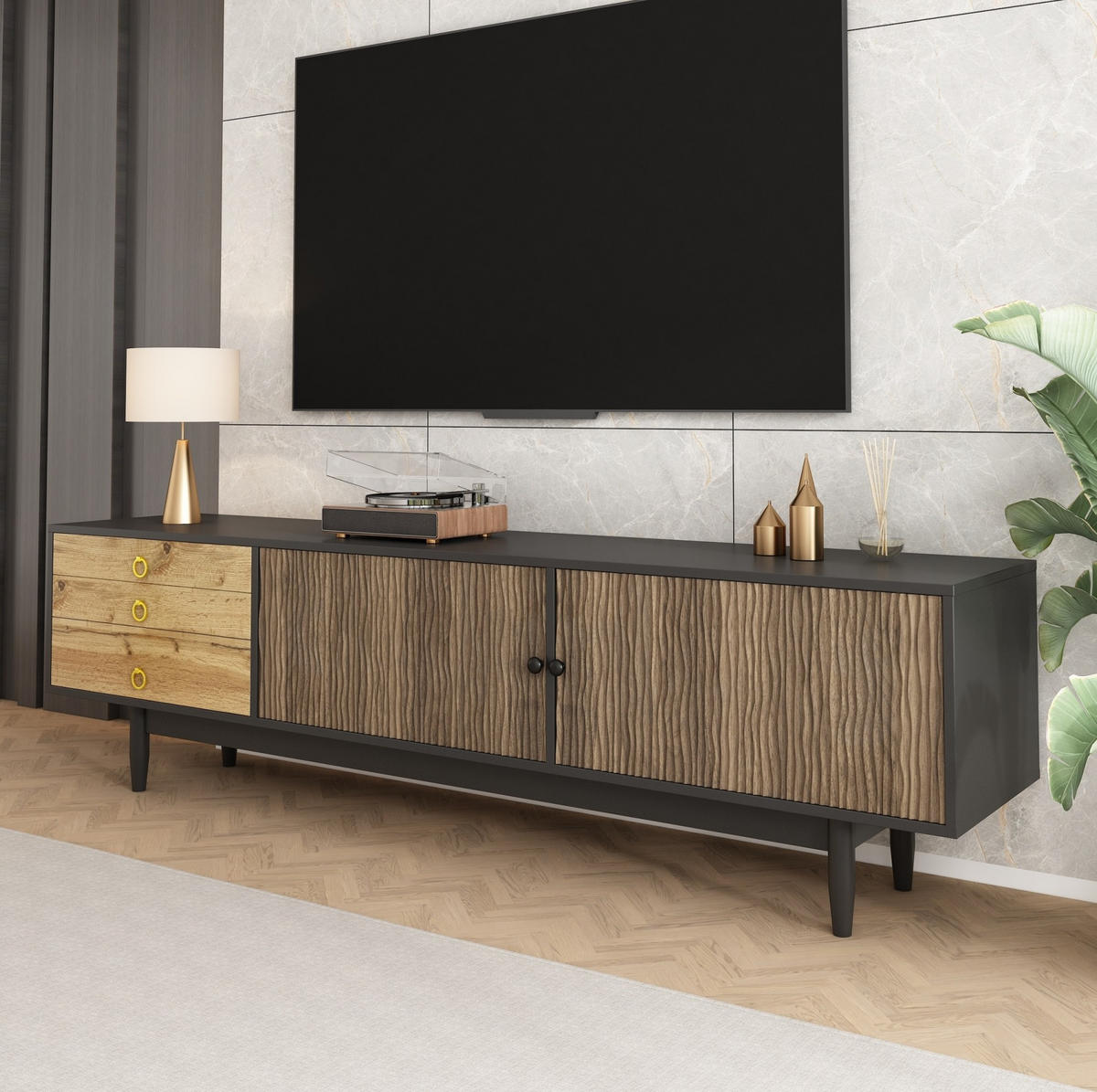 TV-SCHRANK in Schwarz und Natur mit 2 Türen und 3 Schubladen 180/38/50 cm - Eichefarben, Holzwerkstoff (180/38/50cm) - Redom