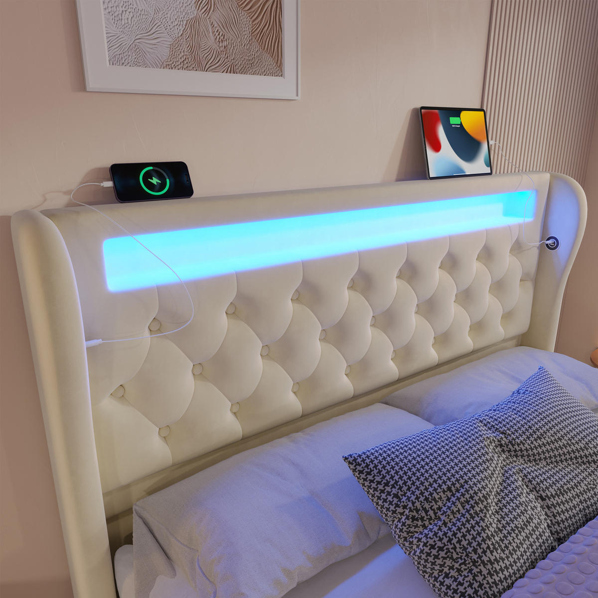 POLSTERBETT 140/200 cm mit hydraulischem Bettkasten, LED & USB/Typ-C, Samt Beige - Beige, Textil (140/200cm) - Redom