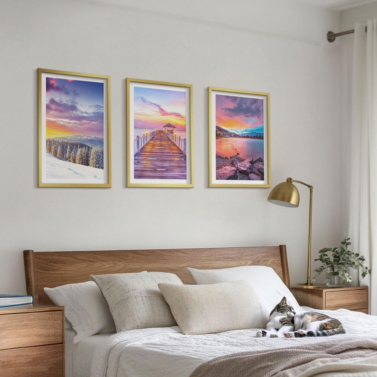 BILDER SET 3er Set - 40x60 cm Goldrahmen - Winterliche Bergseelandschaft - Goldfarben, Kunststoff (40/60cm) - TULUP