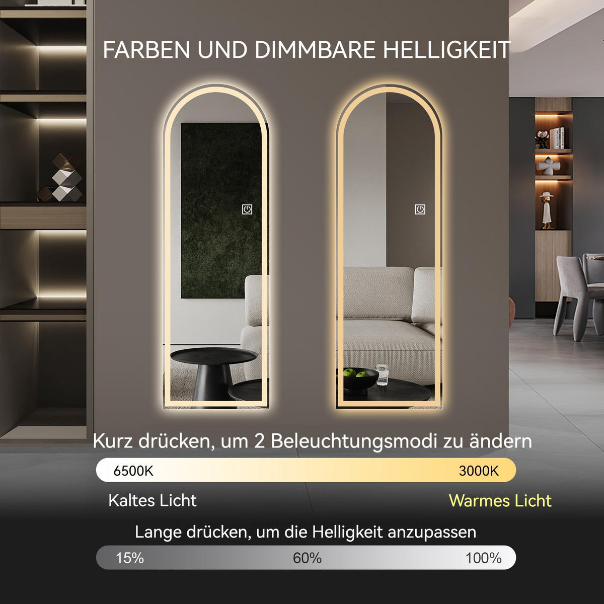 STANDSPIEGEL 165x50 cm mit LED – Ganzkörperspiegel bogenförmig, dimmbar, 3 Lichtfarben, für Schlafzimmer & Ankleidezimmer - Silberfarben, Glas (50/3/165cm) - Ej. Life