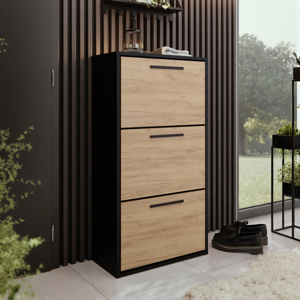 SCHUHSCHRANK Asper Schwarz & Craft Eiche Gold - Honigeiche/Schwarz, Holzwerkstoff (59/114.6/24cm) - Kier Furniture