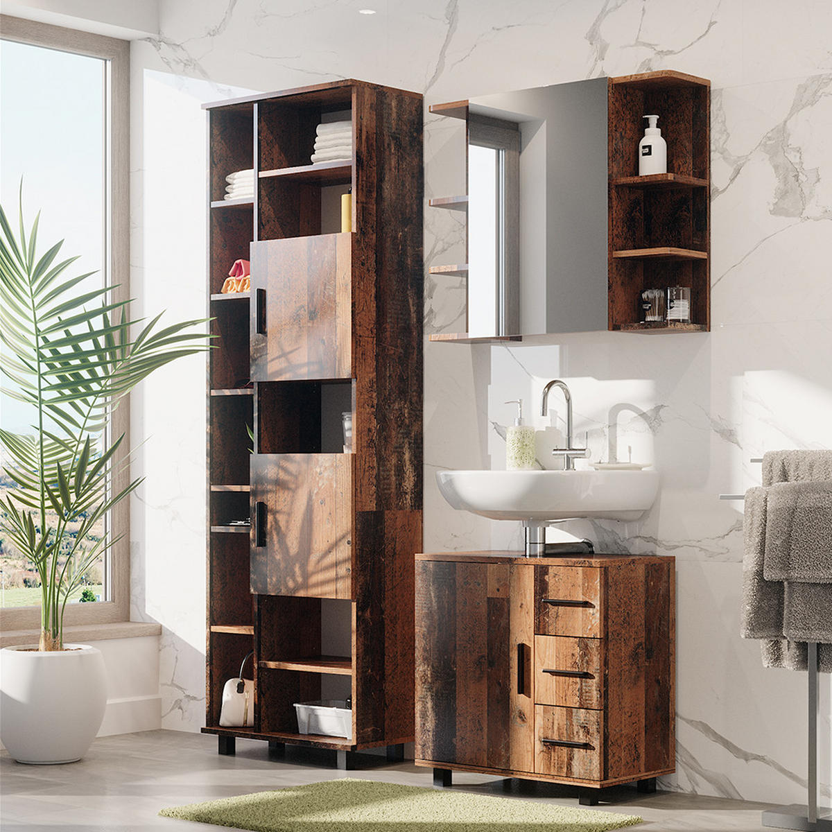 BADMÖBEL-SET Ilias Eiche rustikal 3 Teile, mit Unterschrank 60 cm - Wildeiche, Holzwerkstoff (60/60.8/33cm) - Vicco