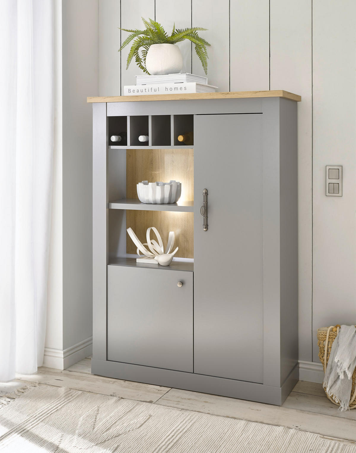 HIGHBOARD grau, Artisan Eiche 130 cm, Kommode im Landhaus-Stil - Silberfarben/Hellgrau, Holzwerkstoff/Metall (103/142/37cm) - Furn.Design