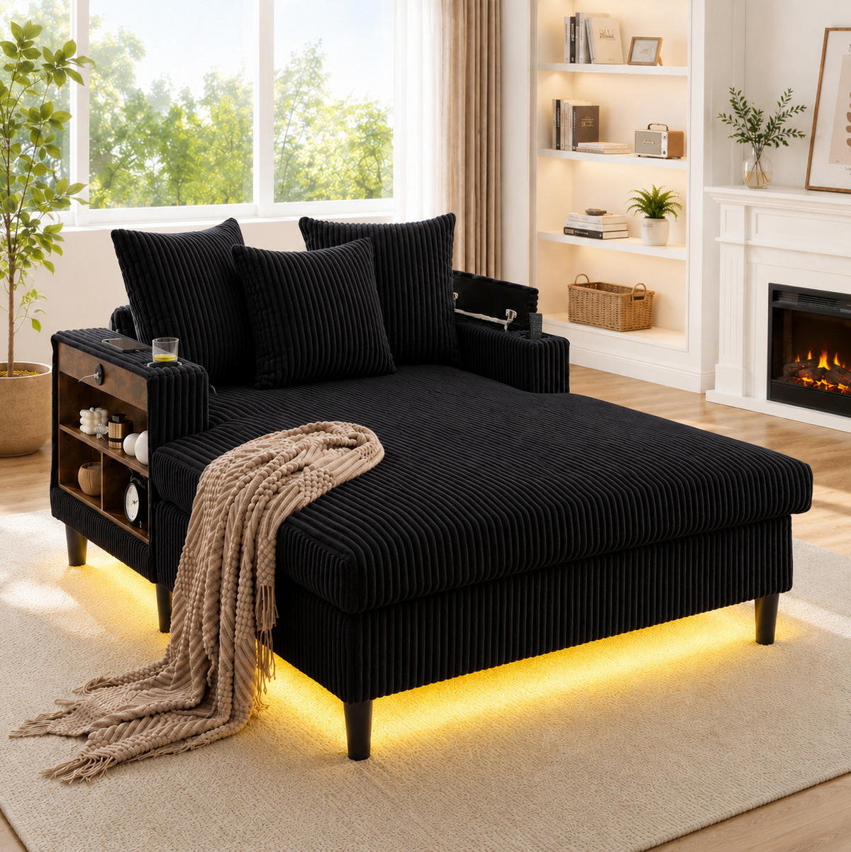 SCHLAFSOFA 129/170/70 cm aus Cord mit LED-Beleuchtung und USB-Anschluss Schwarz - Schwarz, Textil (170/70/129cm) - Modenvie