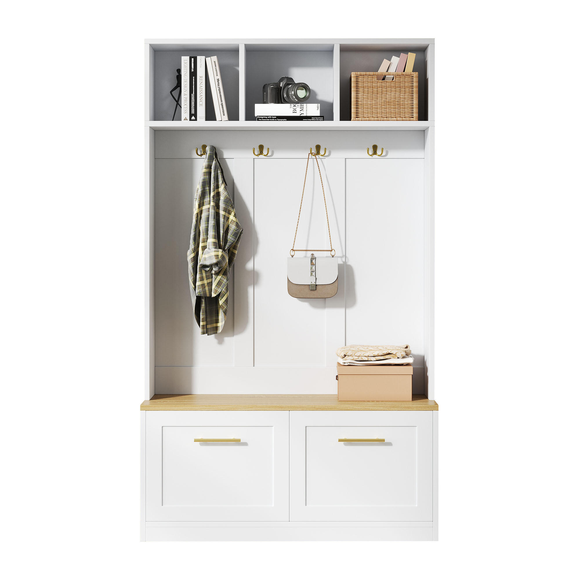 GARDEROBENSET Kompakt mit Sitzbank Natur Weiß 105x40x180cm 4 Haken - Multicolor, Holzwerkstoff (40/180/105cm) - FLIEKS