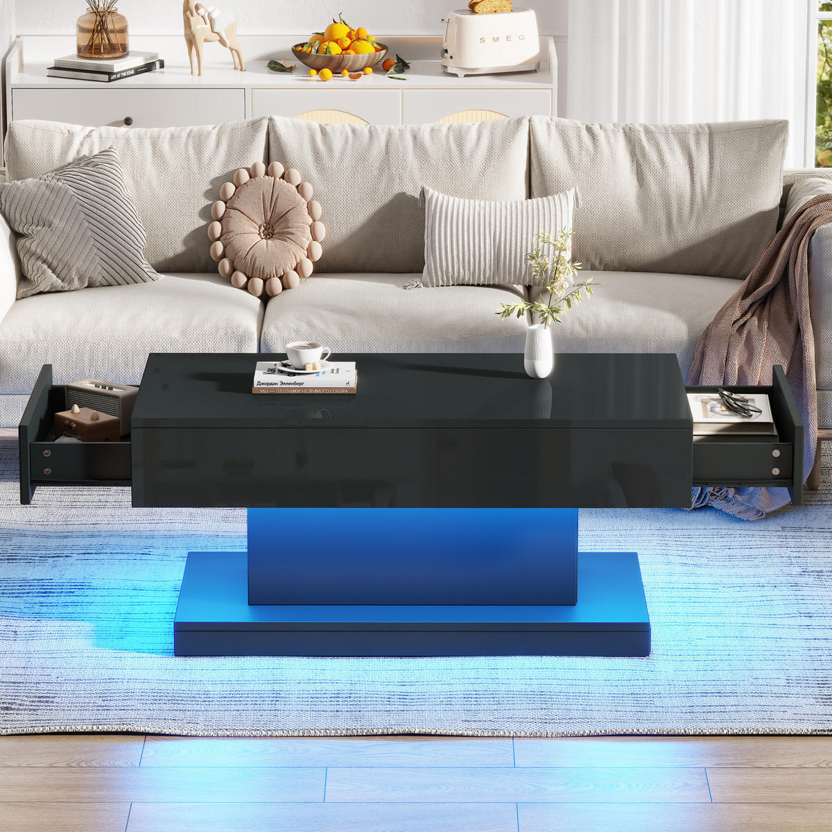 COUCHTISCH 100/50/45 cm Schwarz aus Spanplatte mit 2 Schubladen und LED-Lichtstreifen - Schwarz, Holzwerkstoff (100/50/45cm) - OKMYHOME