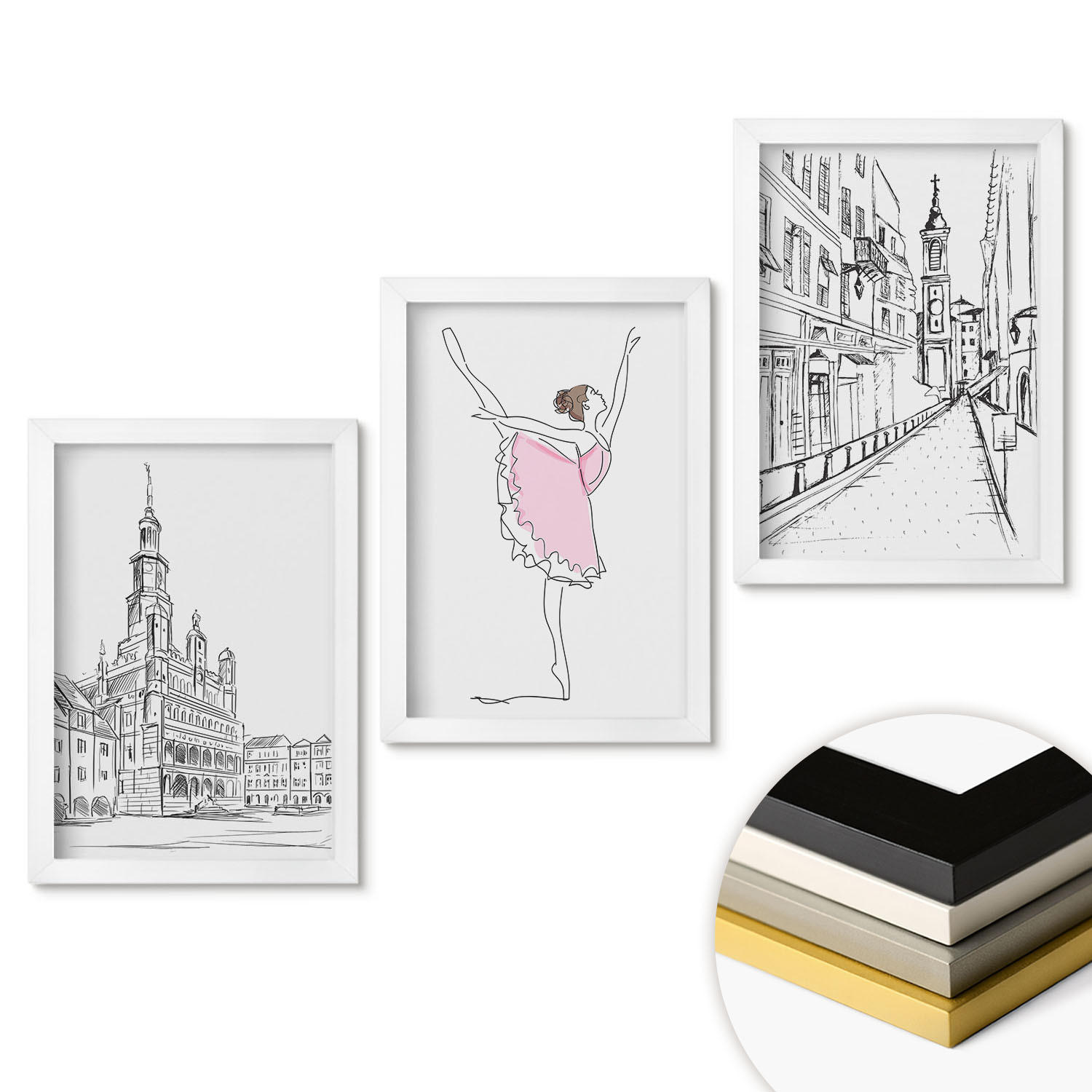 WANDBILDER 3er-Set - 20x30 cm Weißer Rahmen - Stilvolle Ballerinen und Architektur - Weiß, Kunststoff (20/30cm) - ArtPrintCave