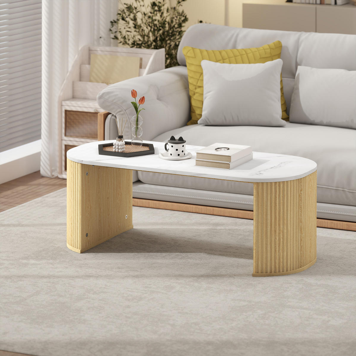 COUCHTISCH DE-15797 oval mit Marmoroptik Weiß - Naturfarben, Holzwerkstoff (110/50/40cm) - ComfortXL