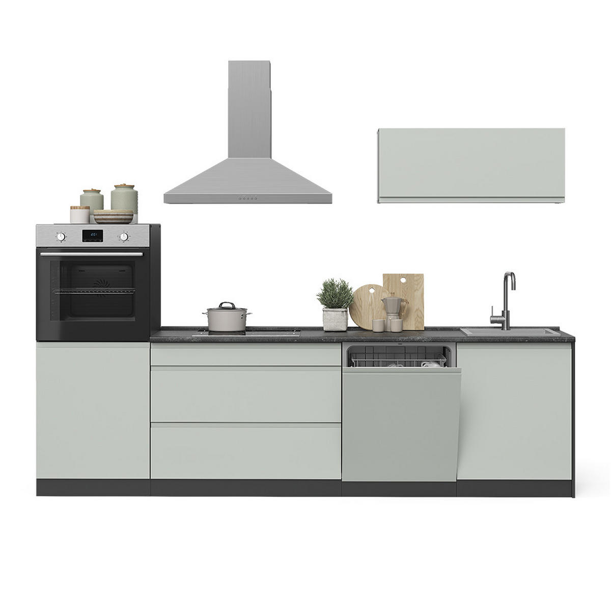 KÜCHENZEILE R-Line, Pastellgrün/Anthrazit, 280 cm Arbeitsplatte Satin - Pastellgrün/Anthrazit, Holzwerkstoff (280/143/60cm) - Vicco