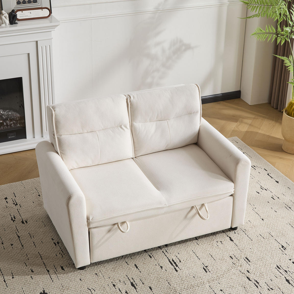 SOFA 2-Sitzer Schlafsofa Ausziehfunktion Verstellbare Lehne Platzsparend - Beige, Holz (106.48/27.69/67.31cm) - FLIEKS