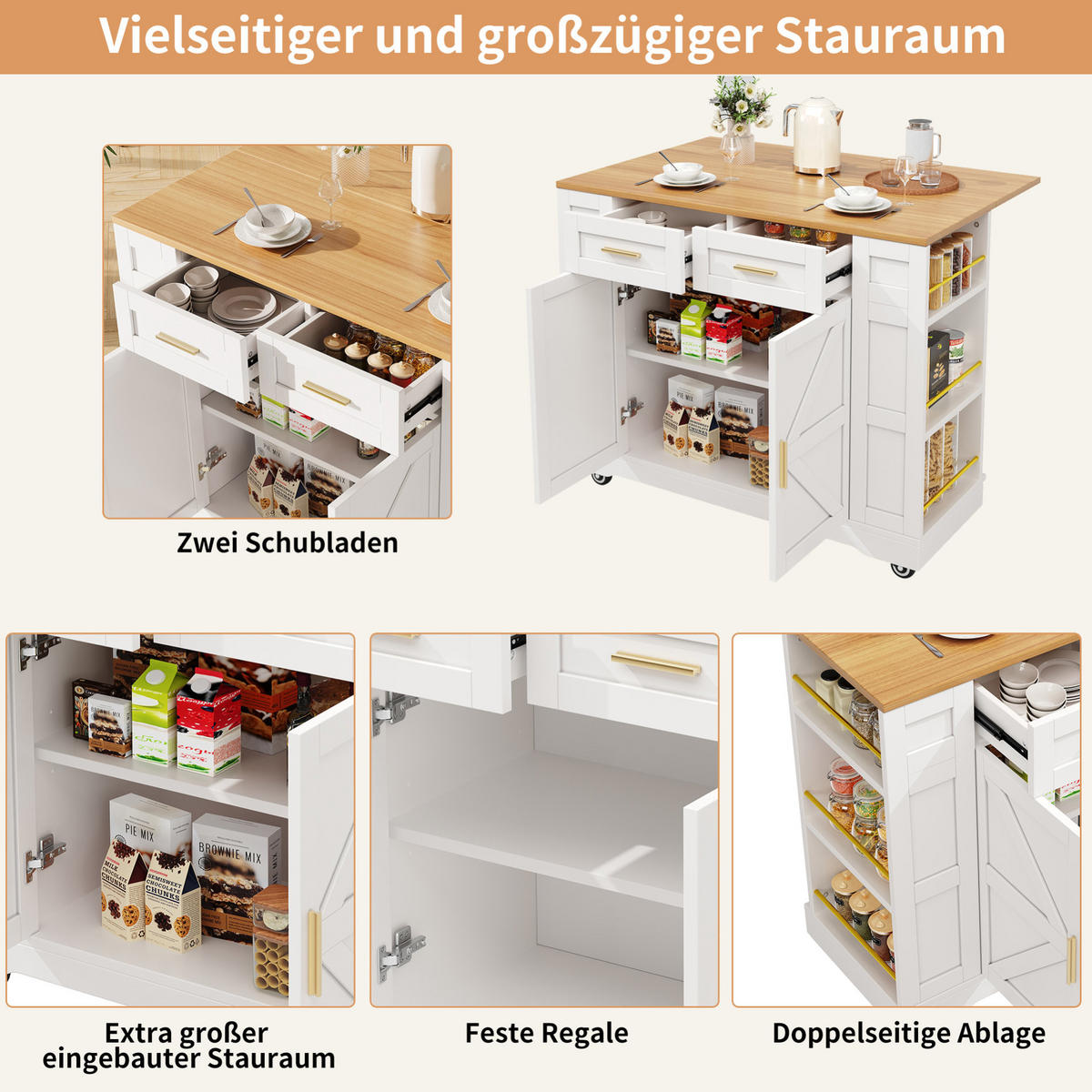 KUHINJSKI otok 120/65/90 cm bijeli MDF, raztegljiv s prostorom za odlaganje - bijela, drvni materijal (120/90/65cm) - BEAOK