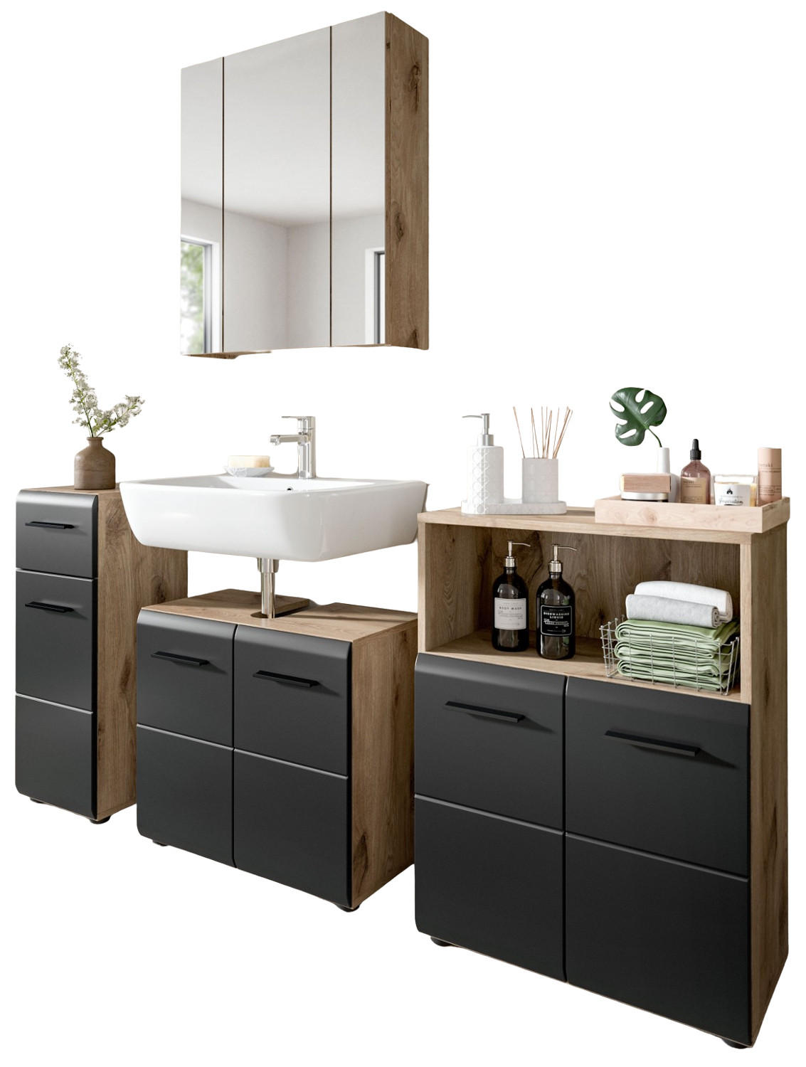 BADMÖBEL-SET 4-teilig schwarz matt, Eiche Nox, Badezimmer mit viel Stauraum, 180 x 185 cm - Eichefarben/Schwarz, Glas/Holzwerkstoff (180/185/30cm) - Inn.Furn