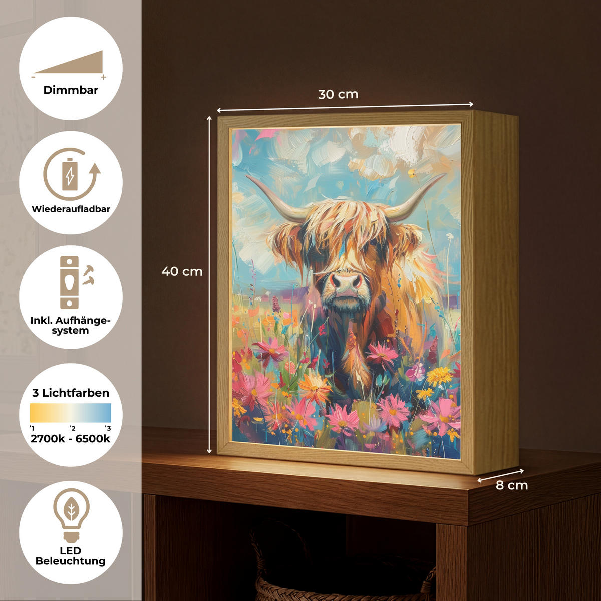 NÁSTĚNNÁ LAMPA S AKUMULÁTOREM Skotský horal - Příroda - Barevné - Květiny 30x40 cm - různobarevná, kompozitní dřevo (30/40/8cm) - OnlyWow