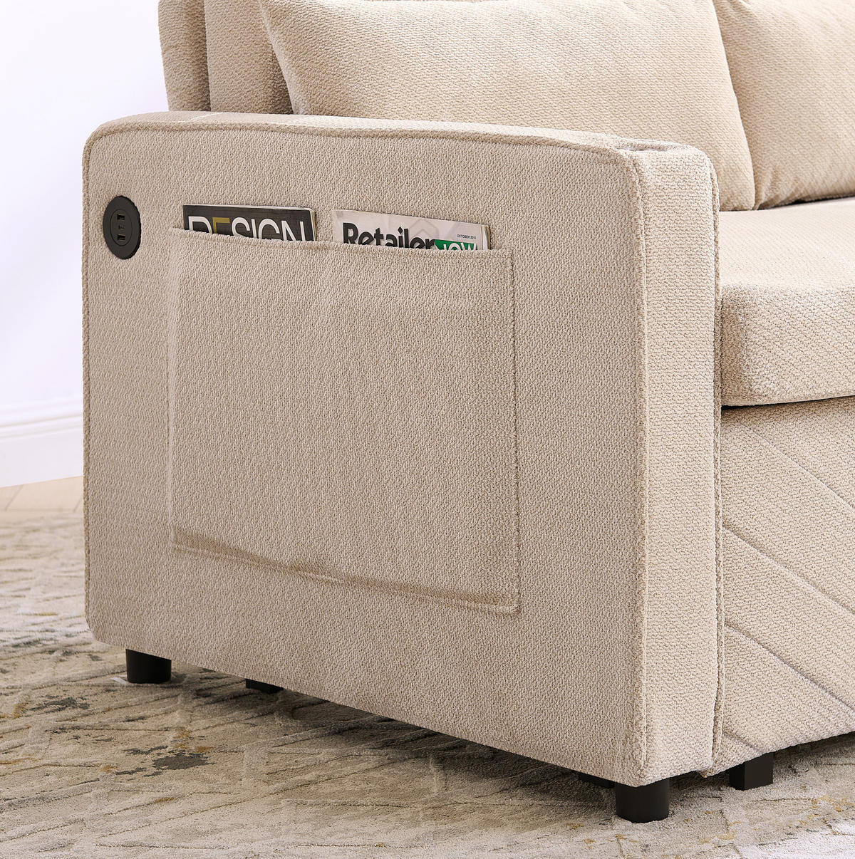 SCHLAFSOFA 3-in-1 mit USB 2-Sitzer Beige - Beige, Holz (134/73/195cm) - Meubliv