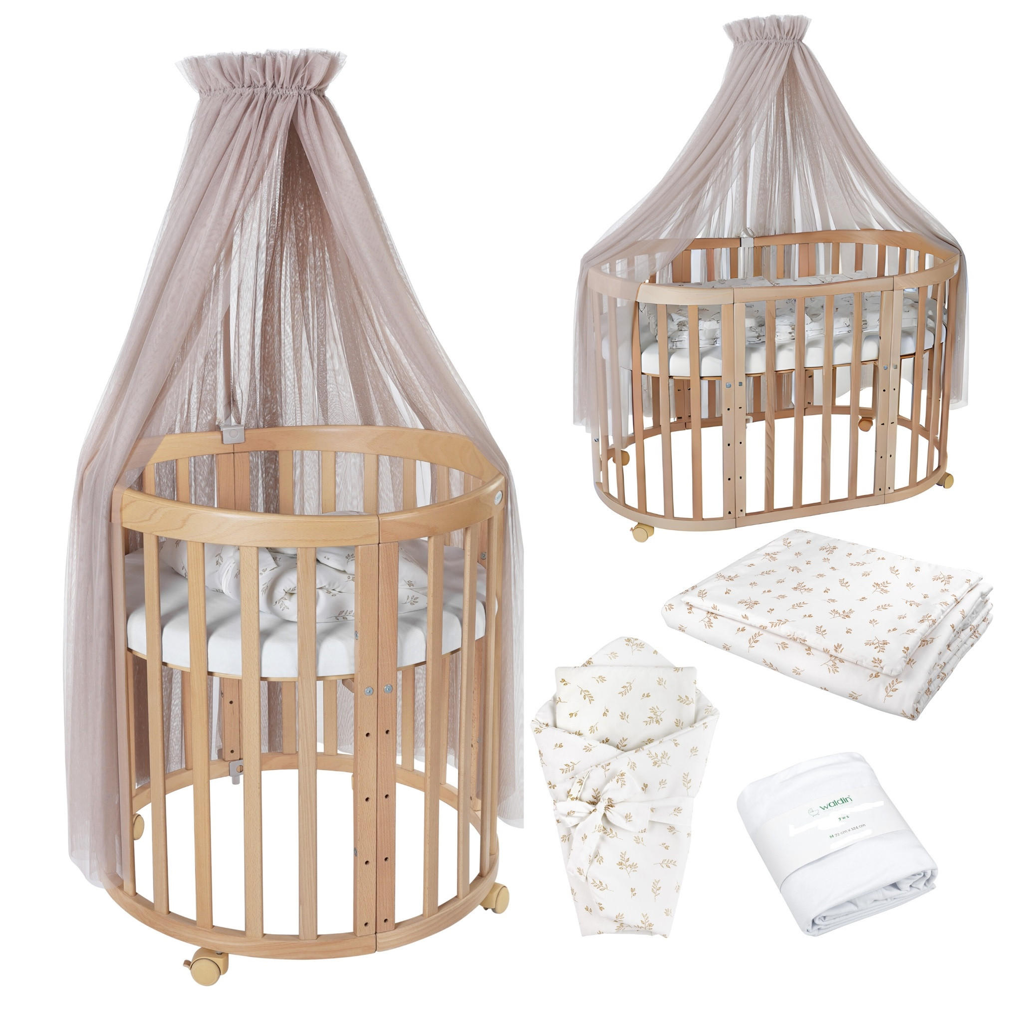 BABYBETT NATUR OVAL 7in1 mit Matratze und Himmelset - Taupe/Naturfarben, Holz/Textil