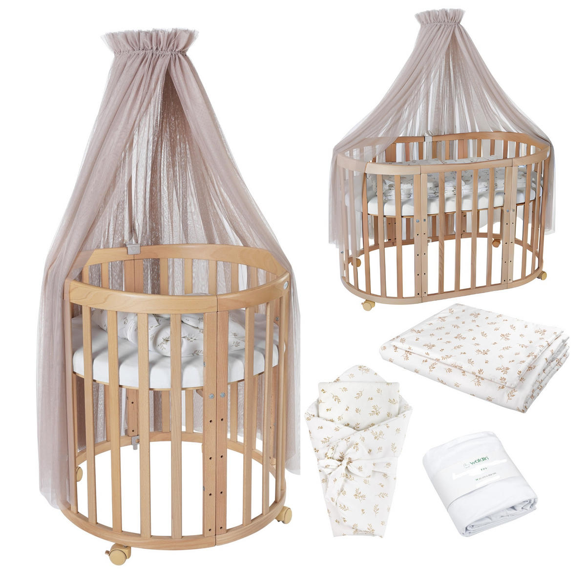 BABYBETT NATUR OVAL 7in1 mit Matratze und Himmelset - Taupe/Naturfarben, Holz/Textil