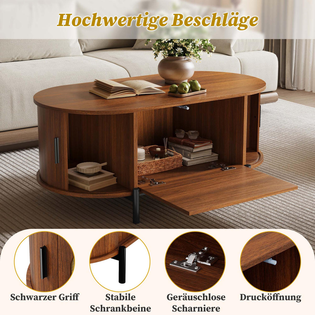 COUCHTISCH in Holzoptik Ovaler Wohnzimmertisch mit Schiebetüren und Stauraum, B100/T50H40(cm) - Schwarz/Braun, Holzwerkstoff/Metall (50/100/40cm) - STILVORA