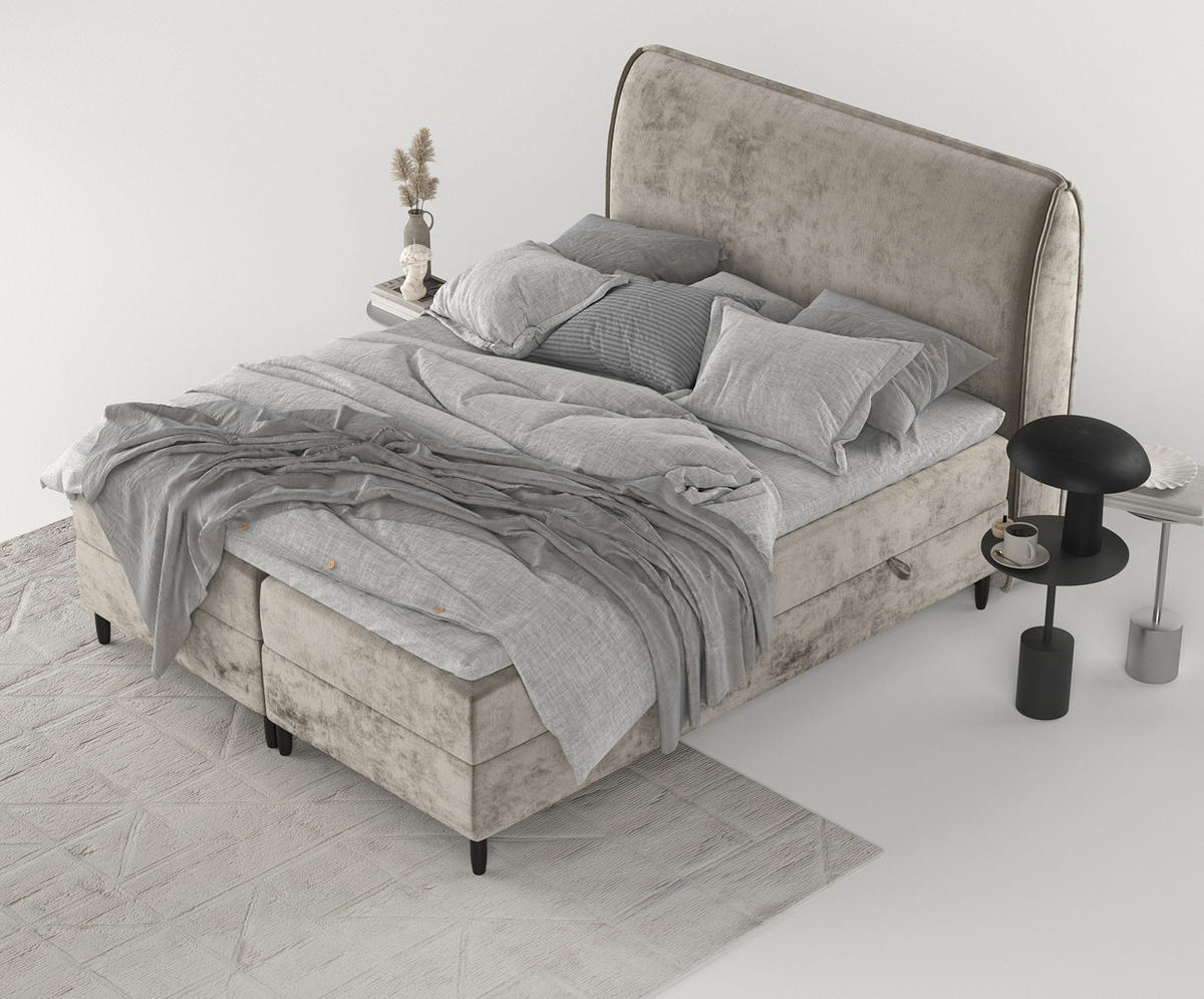 BOXBETT Melba Beige 140/200 cm mit Matratze und Topper - Beige/Schwarz, Holz/Holzwerkstoff (140/200cm) - Maison de Reve