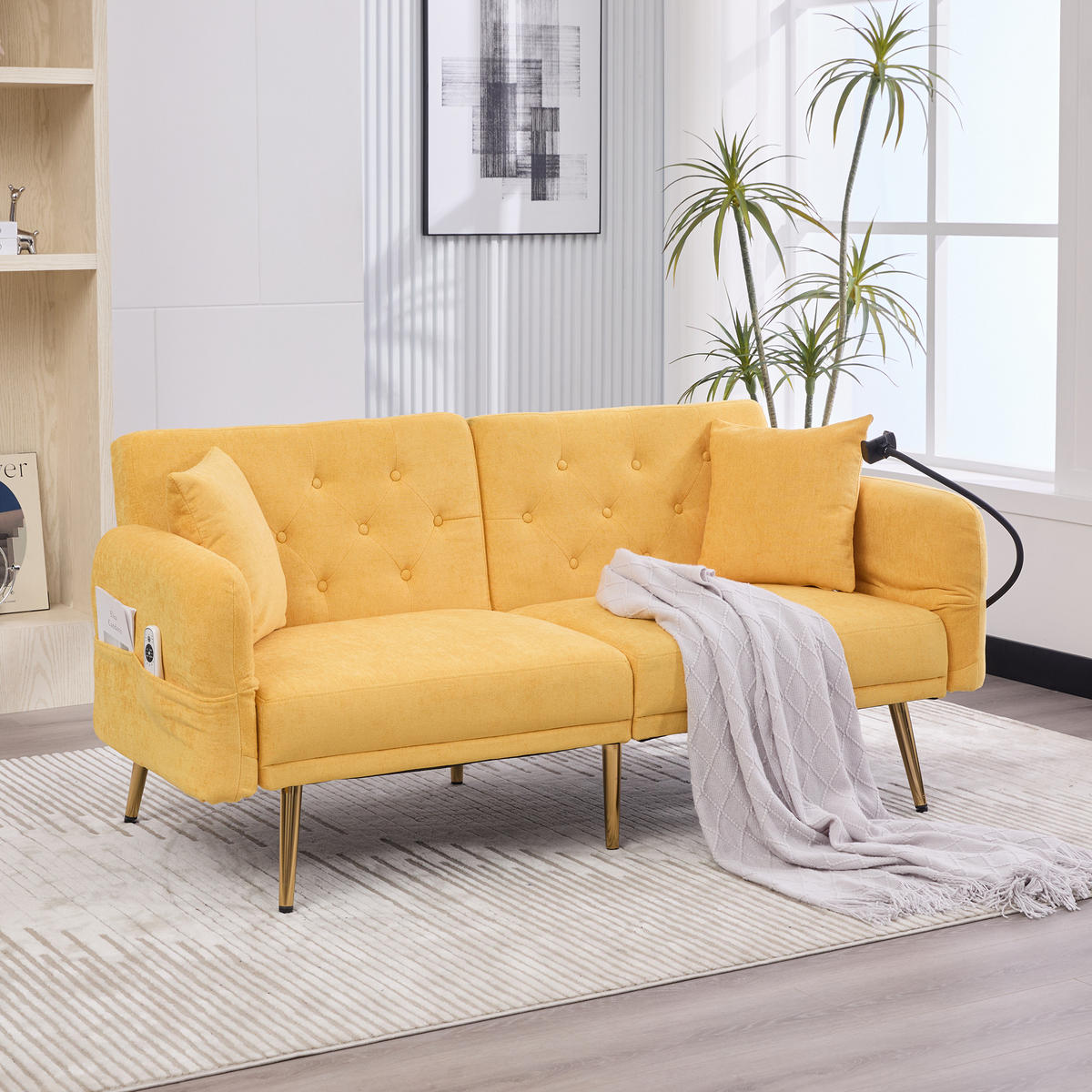SCHLAFSOFA Multifunktionales 2-Sitzer mit verstellbarer Rückenlehne und USB-Anschlüssen Gelb Chenille 173/78/78 cm - Gelb, Textil (173/78/78cm) - OKWISH