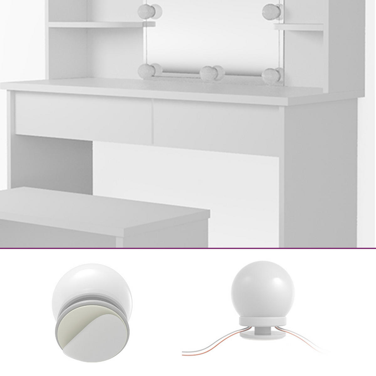 SCHMINKTISCH Charlotte Weiß 108 cm mit LED Beleuchtung und Bank - Weiß, Holzwerkstoff (108/139/40cm) - Vicco