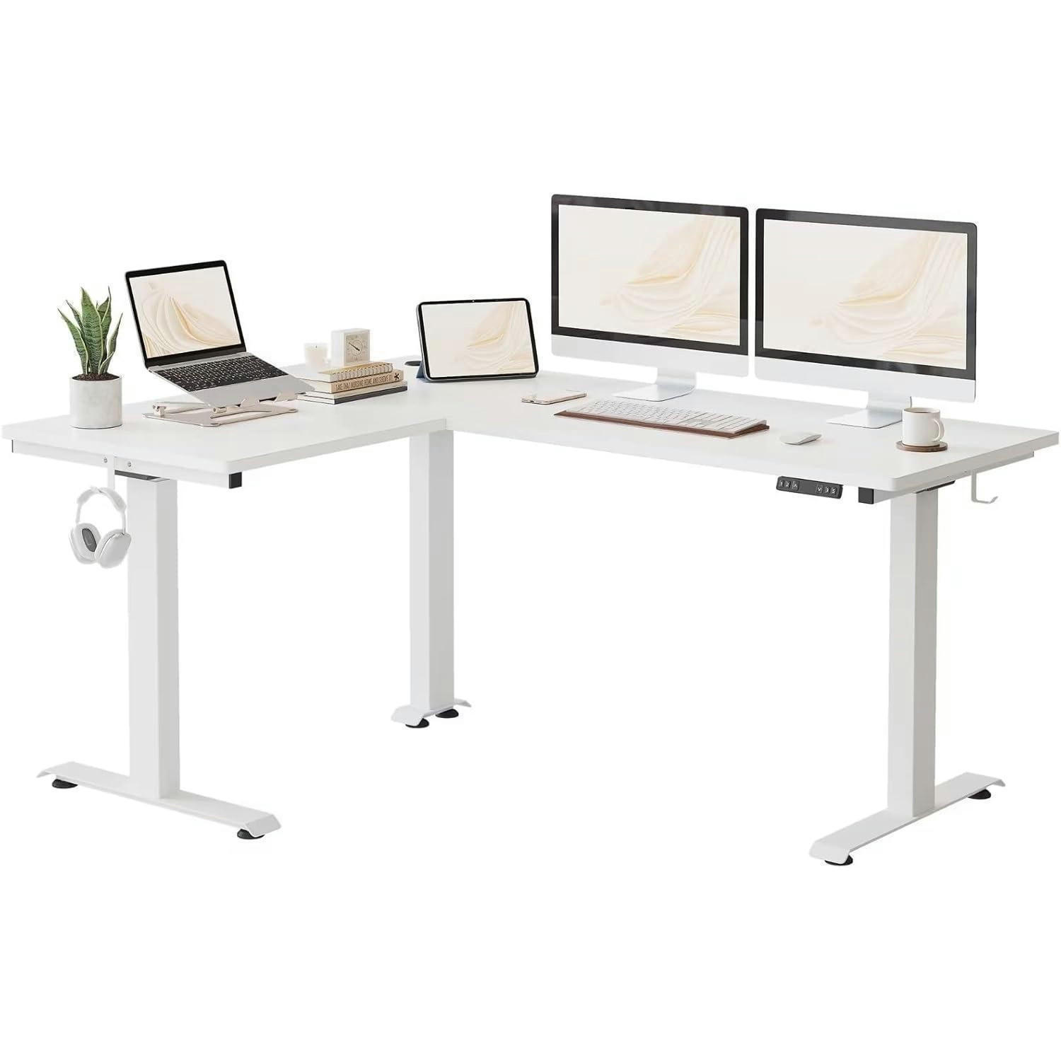 STEHSCHREIBTISCH L-Form Höhenverstellbar Elektrisch 160 x 120 cm Weiß - Weiß, Metall (160/120/75cm)