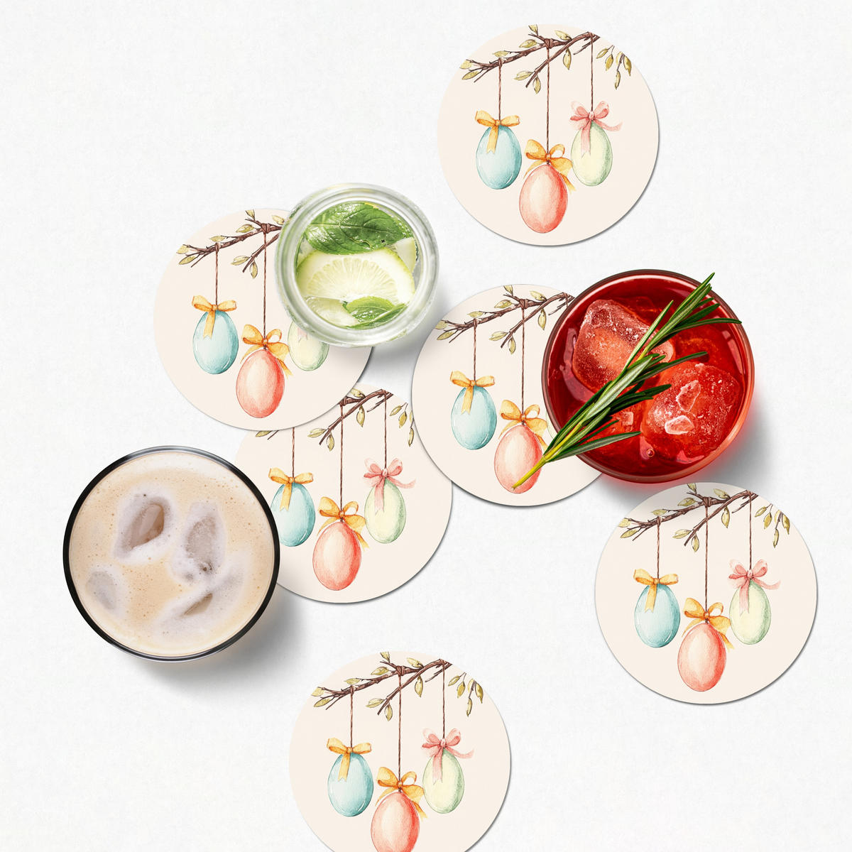 GLASUNTERSETZER Osterkuchen - Schleife - Eier 10x10 cm - Creme, Naturmaterialien (10/0.2cm) - MuchoWow