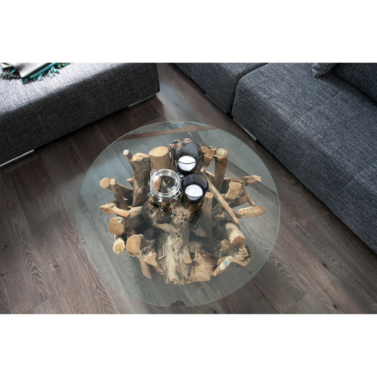 COUCHTISCH NATURE LOUNGE Teakholz rund 60cm - Transparent/Braun, Glas/Holz (60/60/40cm) - riess-ambiente