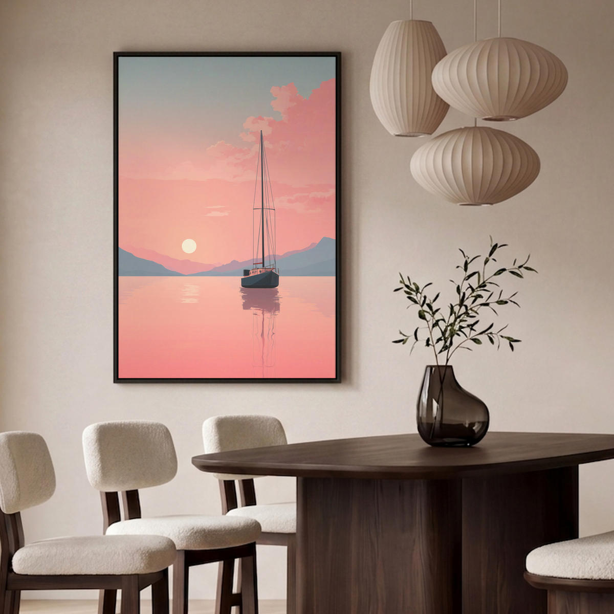 LEINWAND Bilder mit Rahmen - Segelboot - Rosa Meer - Sonnenuntergang - Berge - 80x120 - Rosa, Textil (80/120cm) - MuchoWow