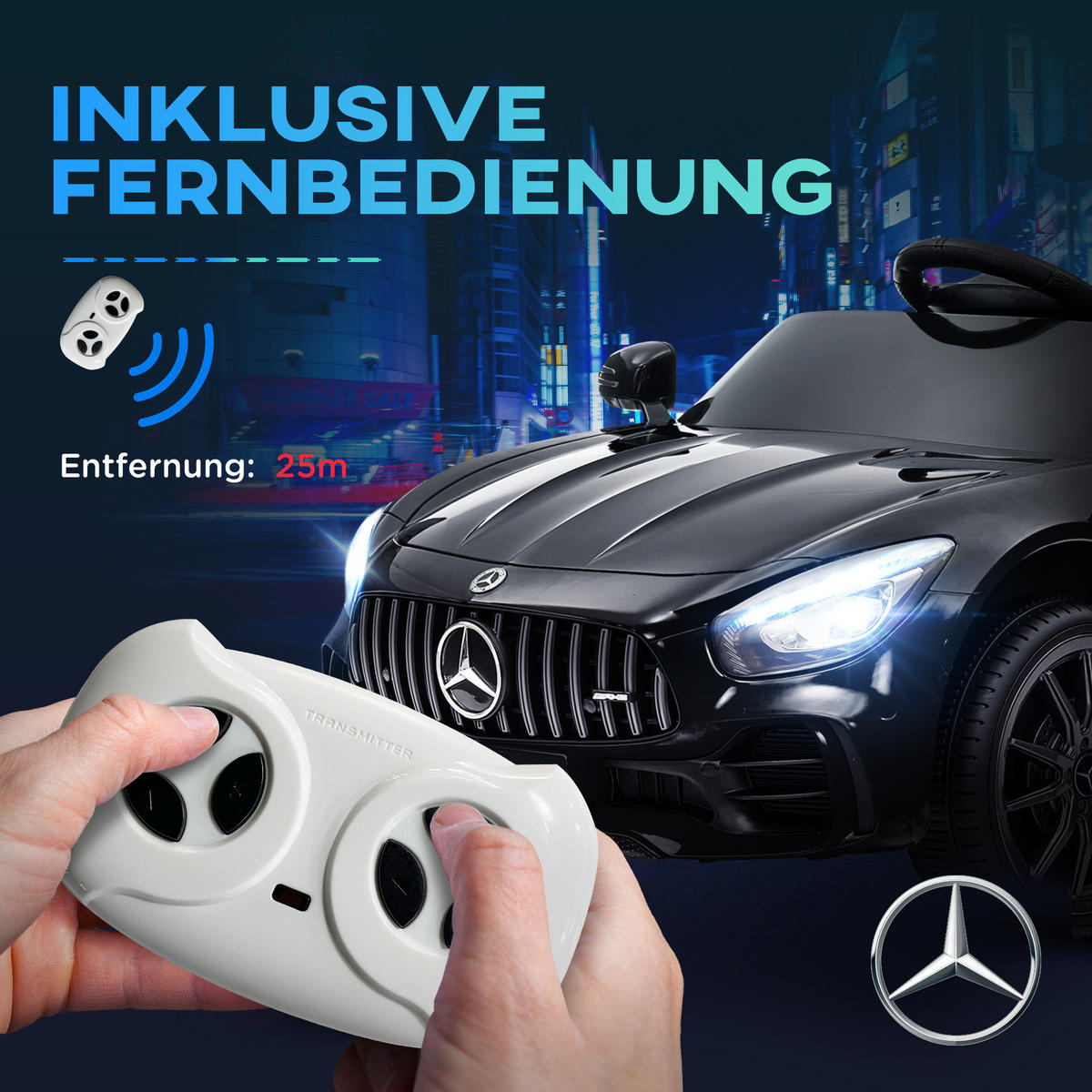 ELEKTRO-Kinderauto, Mercedes, 3-5 km/h, Fernbedienung, Licht & Musik, Schwarz - Schwarz, Kunststoff/Metall (108/67/46cm) - AIYAPLAY