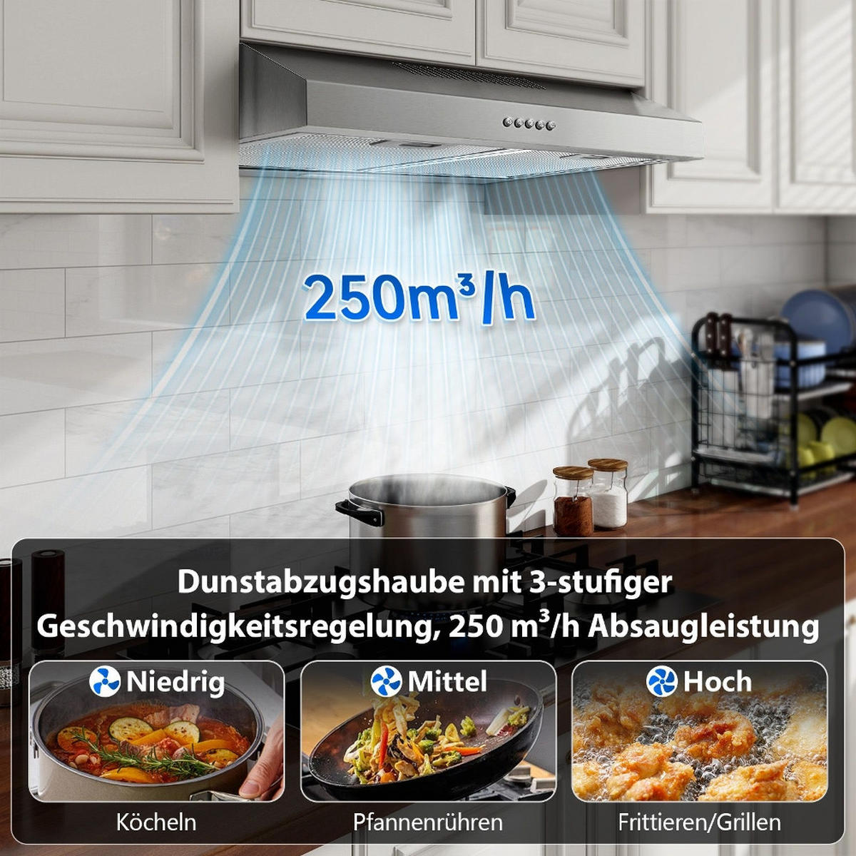 DUNSTABZUGSHAUBE -UNTERBAU-ENERGIEEFFIZIENZKLASSE A+, Edelstahl, 3 Stufen, LED-BELEUCHTUNG, für Küchen, 60/15/50 cm - Silberfarben, Metall (14.02/49/64cm) - Rolipo