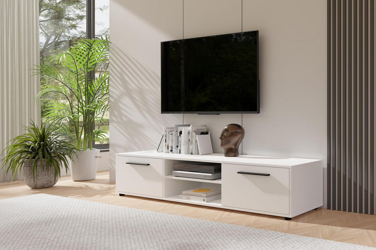 RTV-SCHRANK Maxivo 190 Weiß, breiter zweitüriger TV-Tisch - Schwarz/Weiß, Holzwerkstoff (190/38/40cm) - Bettso