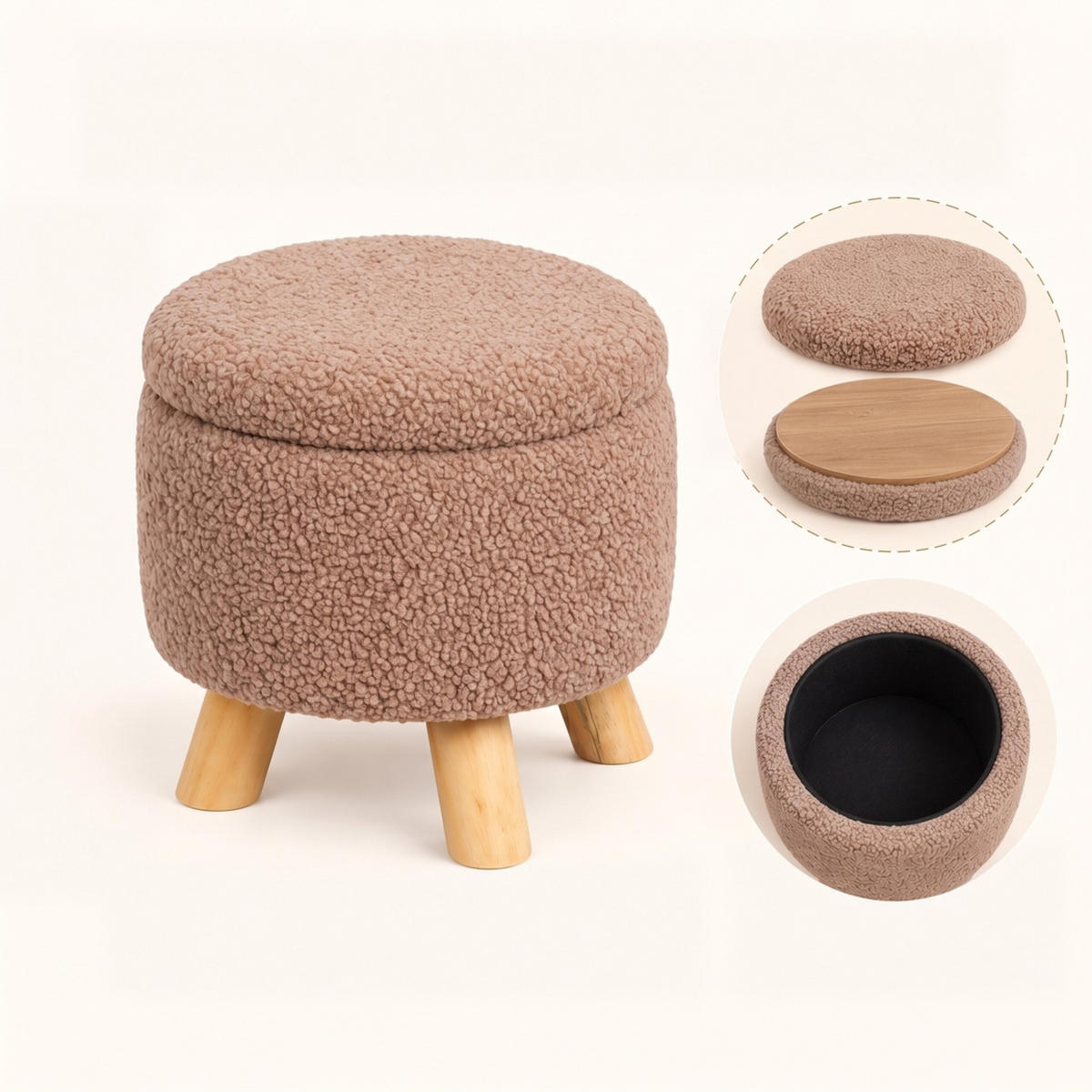 TABURET Hnědá teddy látka s úložným prostorem 30x33 cm - hnědá, dřevo/kompozitní dřevo (33/30/33cm) - Relaxdays