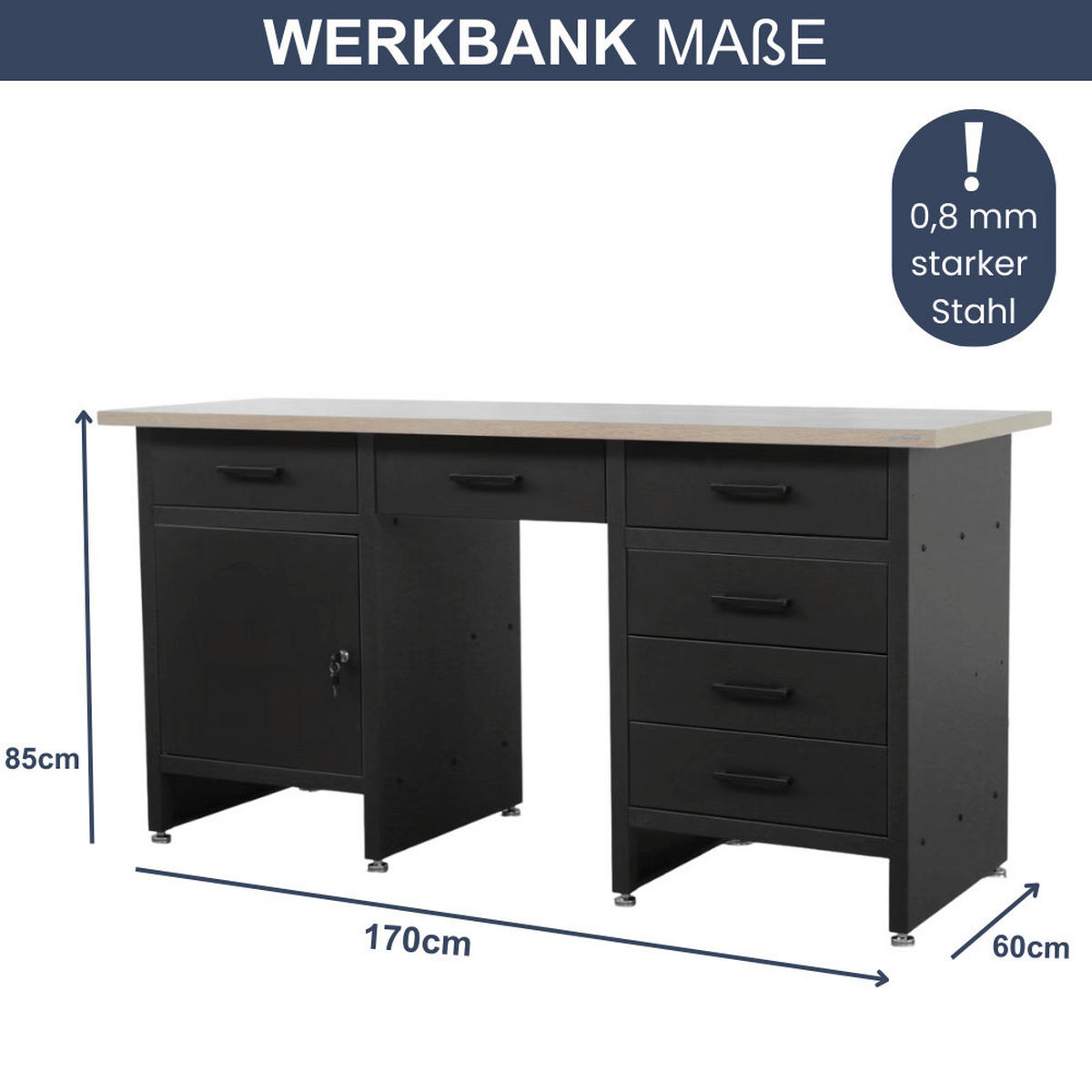WERKBANK Werkstatt KARL 1x Tür 85x170x60cm Schwarz - Schwarz, Metall (170/85/60cm) - DELUKE