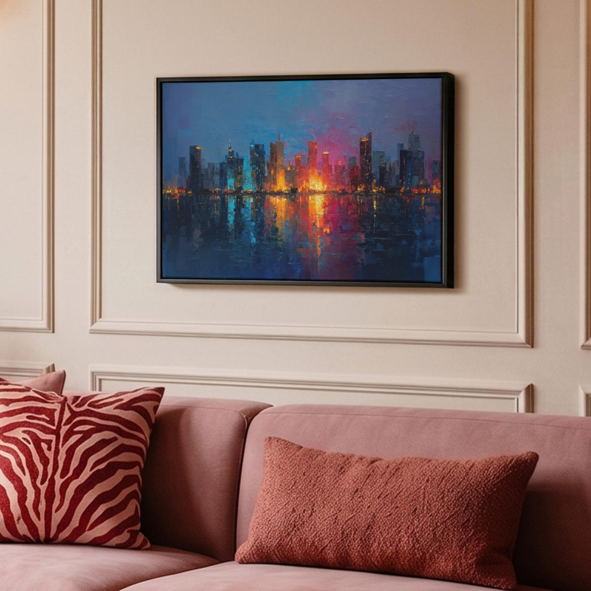 LEINWAND Bilder mit Rahmen - Skyline - Pinselstriche - Dunkelblau - Leuchtend - 60x40 - Blau, Textil (60/40cm) - MuchoWow