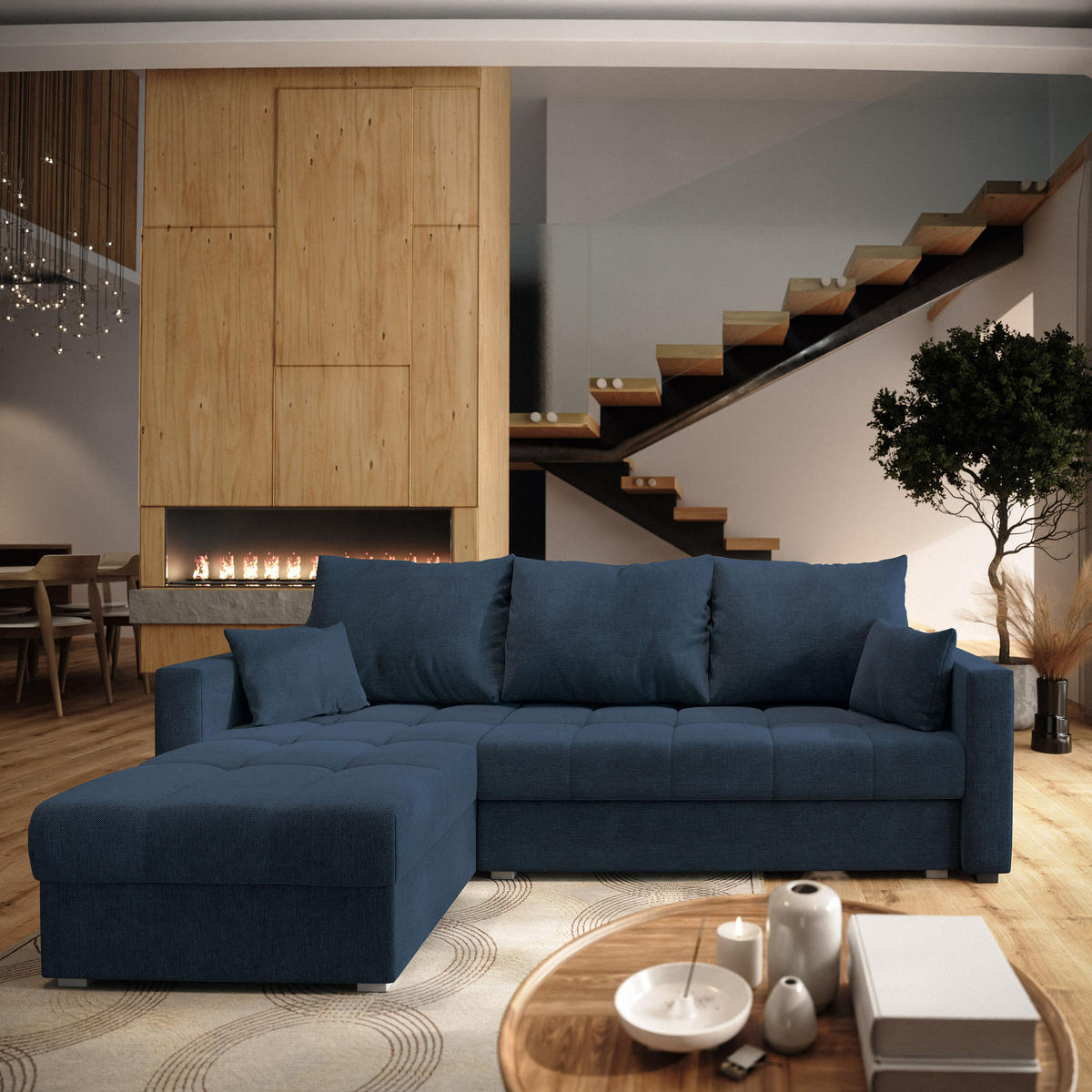 ECKSOFA NIDA Blau Geflochtener Stoff mit Schlaffunktion - Blau, Holz (220/143cm) - MASSENO